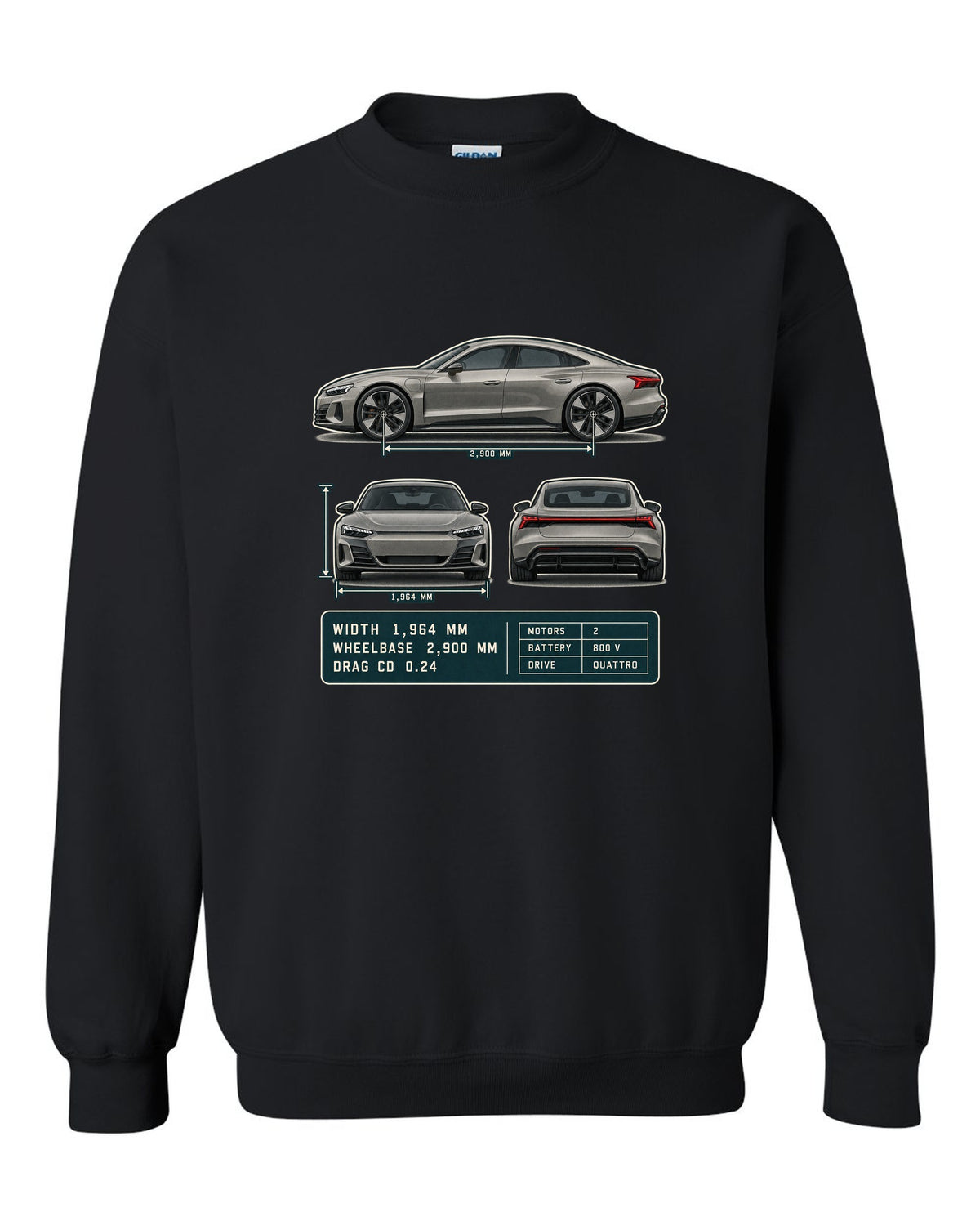 Audi RS e-tron GT Three-View Spec Table Tee, Cd 0.24 Car black crewneck front view with the design