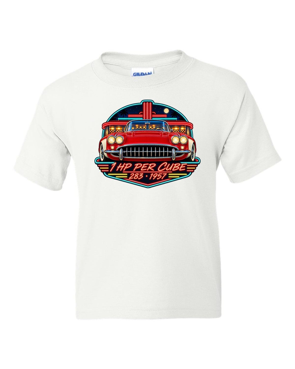 Vintage neon diner sign print of a 1957 Chevrolet Corvette C1 with 1 HP Per Cube 283 lettering white kids tee front view with the design