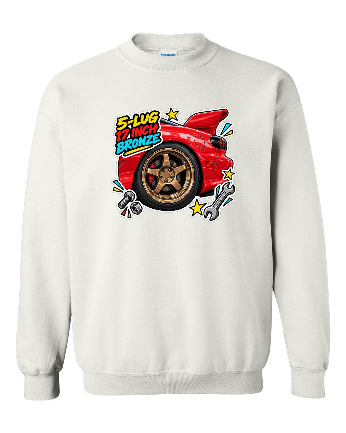 Watercolour wet road night print of a Mazda MX-5 ND RF with the text Roof Folds in 13 Seconds white crewneck front view with the design