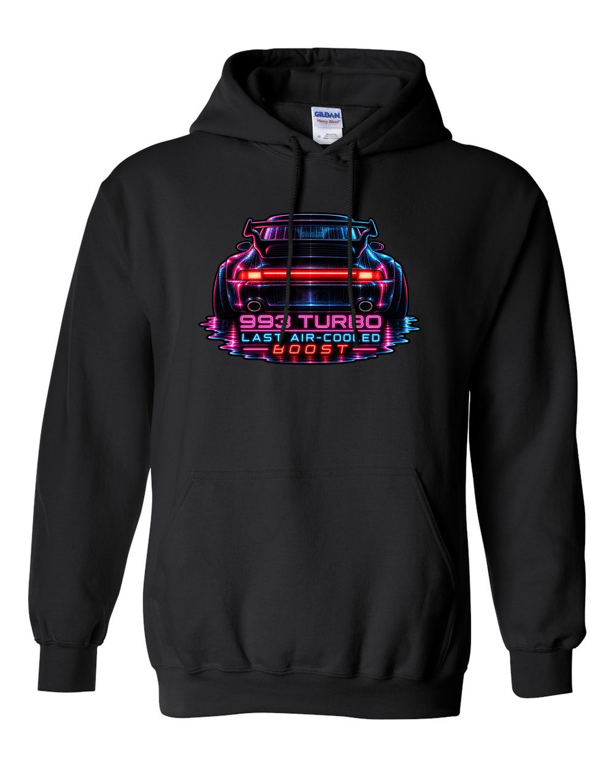 Porsche 993 Turbo neon noir design with glowing rear light bar black pull over hoodie front view with the design