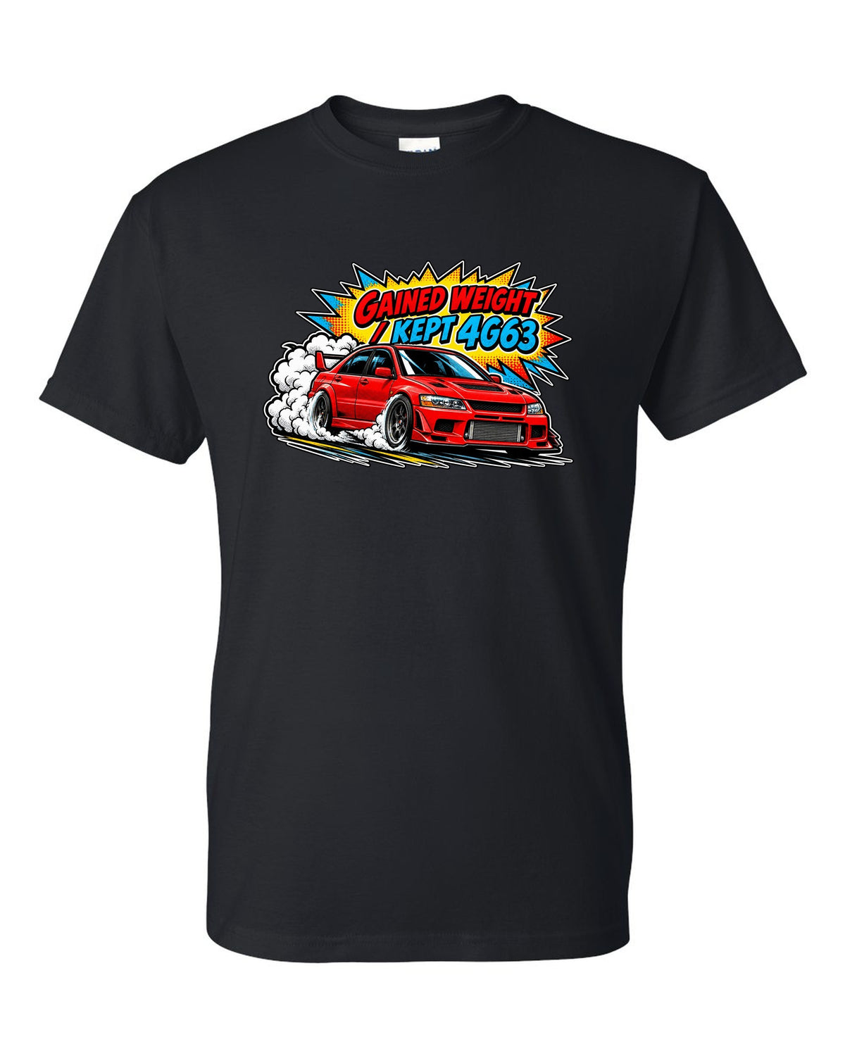 Comic halftone pop-art launch print of the Mitsubishi Evo VII CT9A with gained weight kept 4G63 text black t-shirt front view with the design