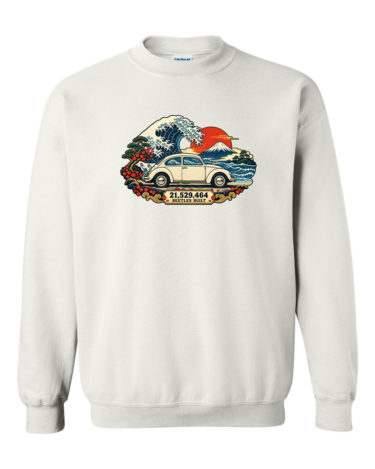 Ukiyo-e woodblock wave print of a VW Beetle Type 1 with 21,529,464 Beetles built text white crewneck front view with the design