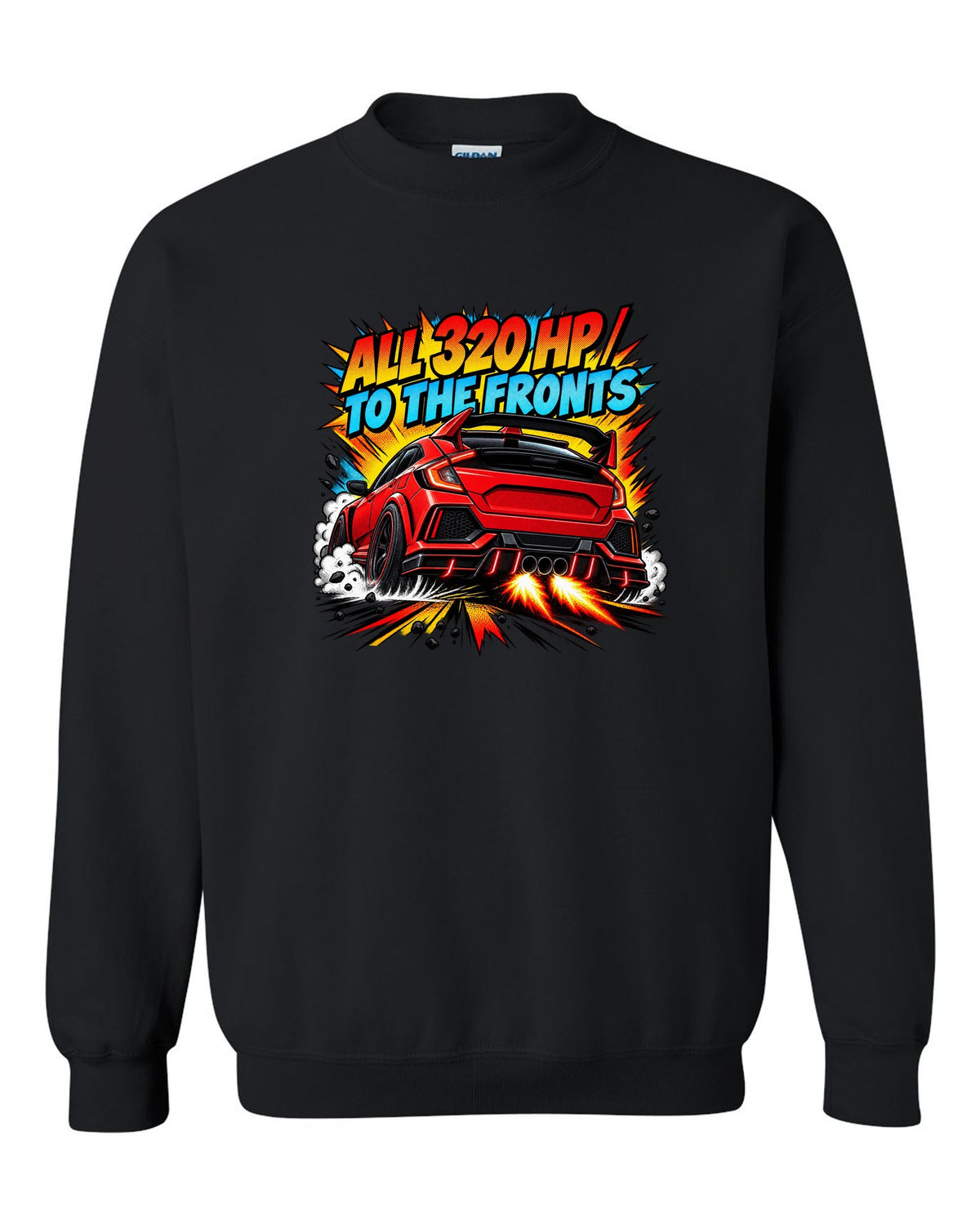 Halftone comic print of a Honda Civic Type R FK8 with triple exhaust and 320 HP text black crewneck front view with the design