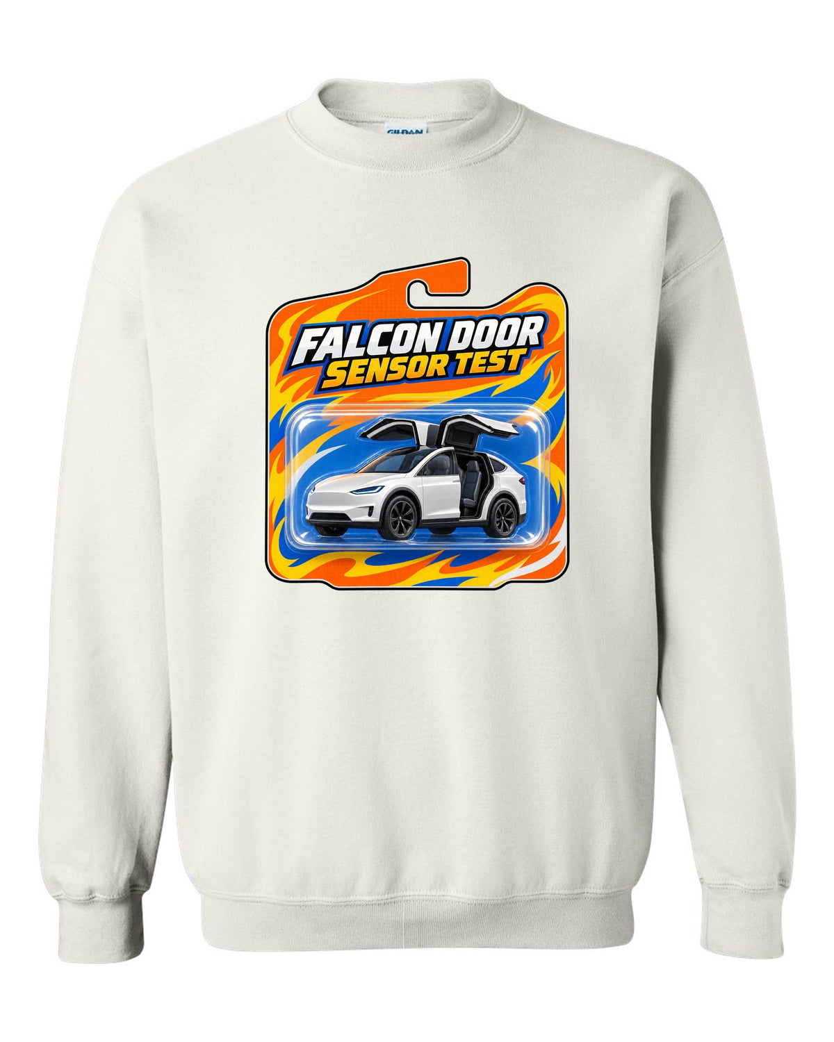 Toy blister card style print of a Tesla Model X reading Falcon Door Sensor Test white crewneck front view with the design