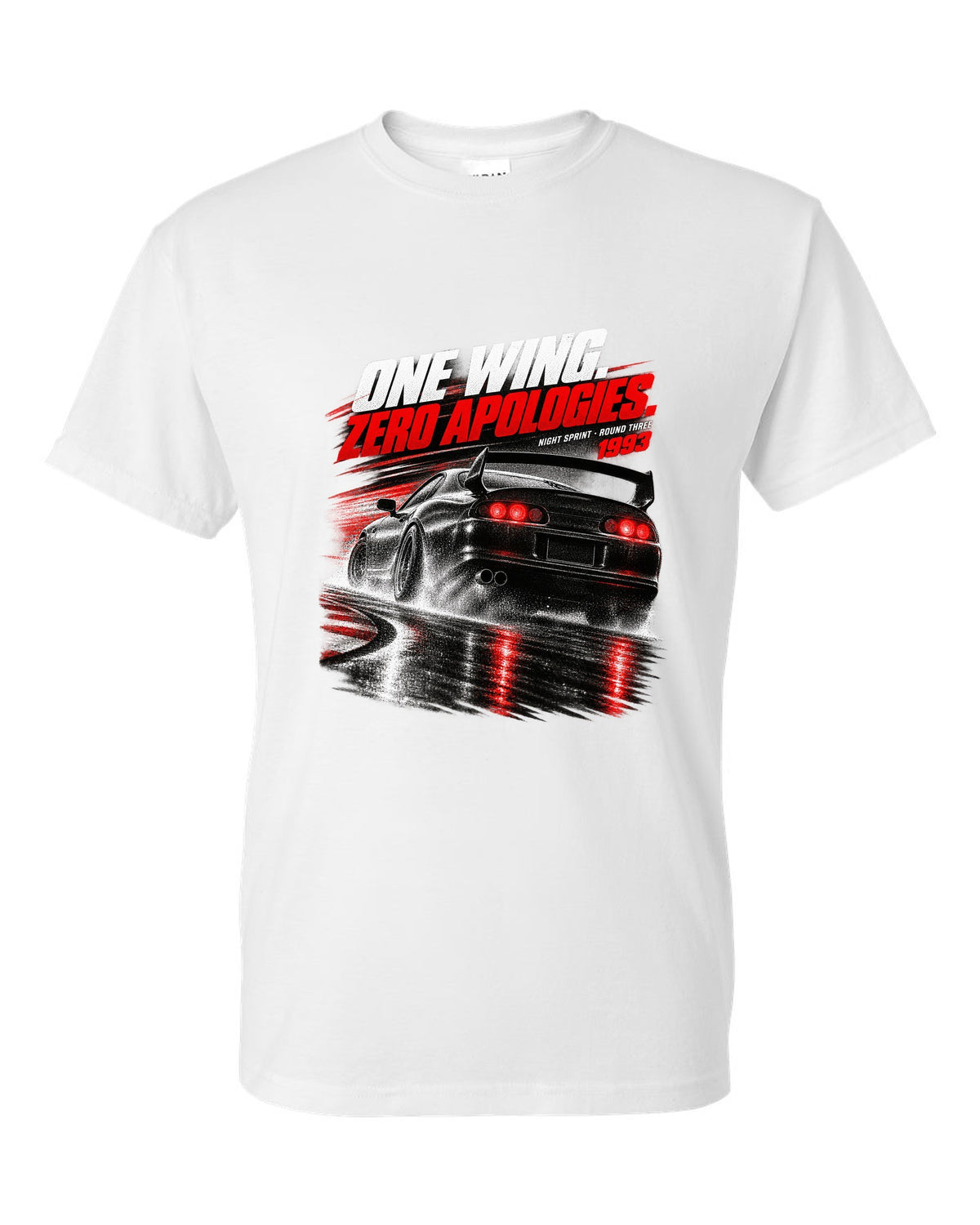 Race poster print of a Toyota Supra A80 JZA80 rear with the text One Wing Zero Apologies Round Three white t-shirt front view with the design