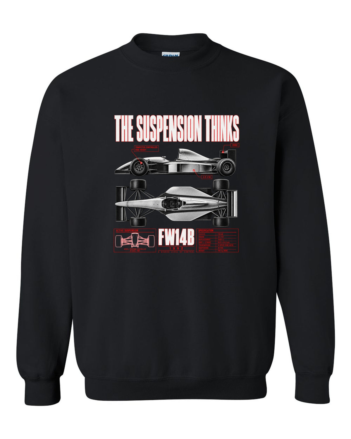 Williams FW14B spec poster print with active ride and V10 text black crewneck front view with the design
