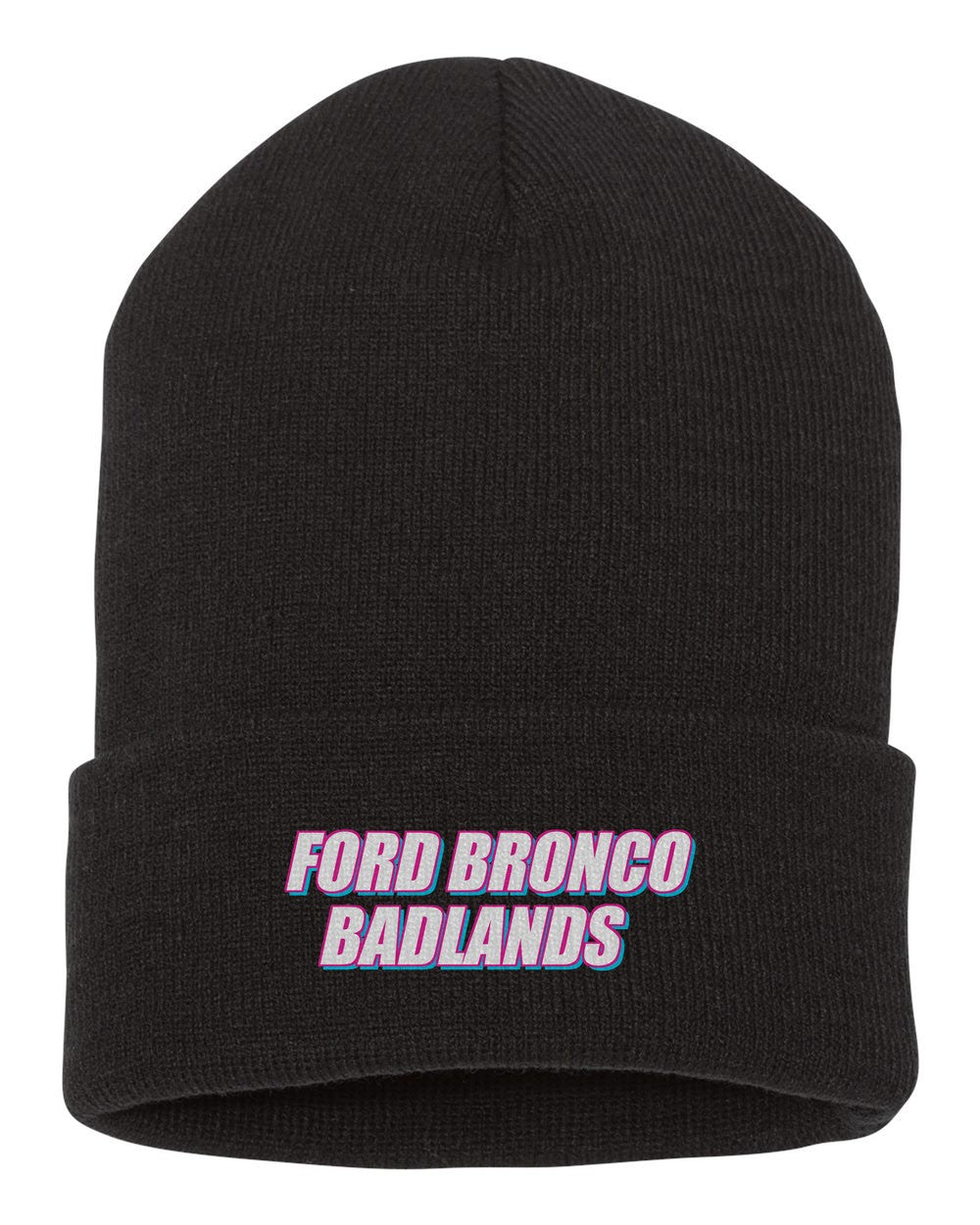 Ford Bronco Badlands black beanie front view with car name