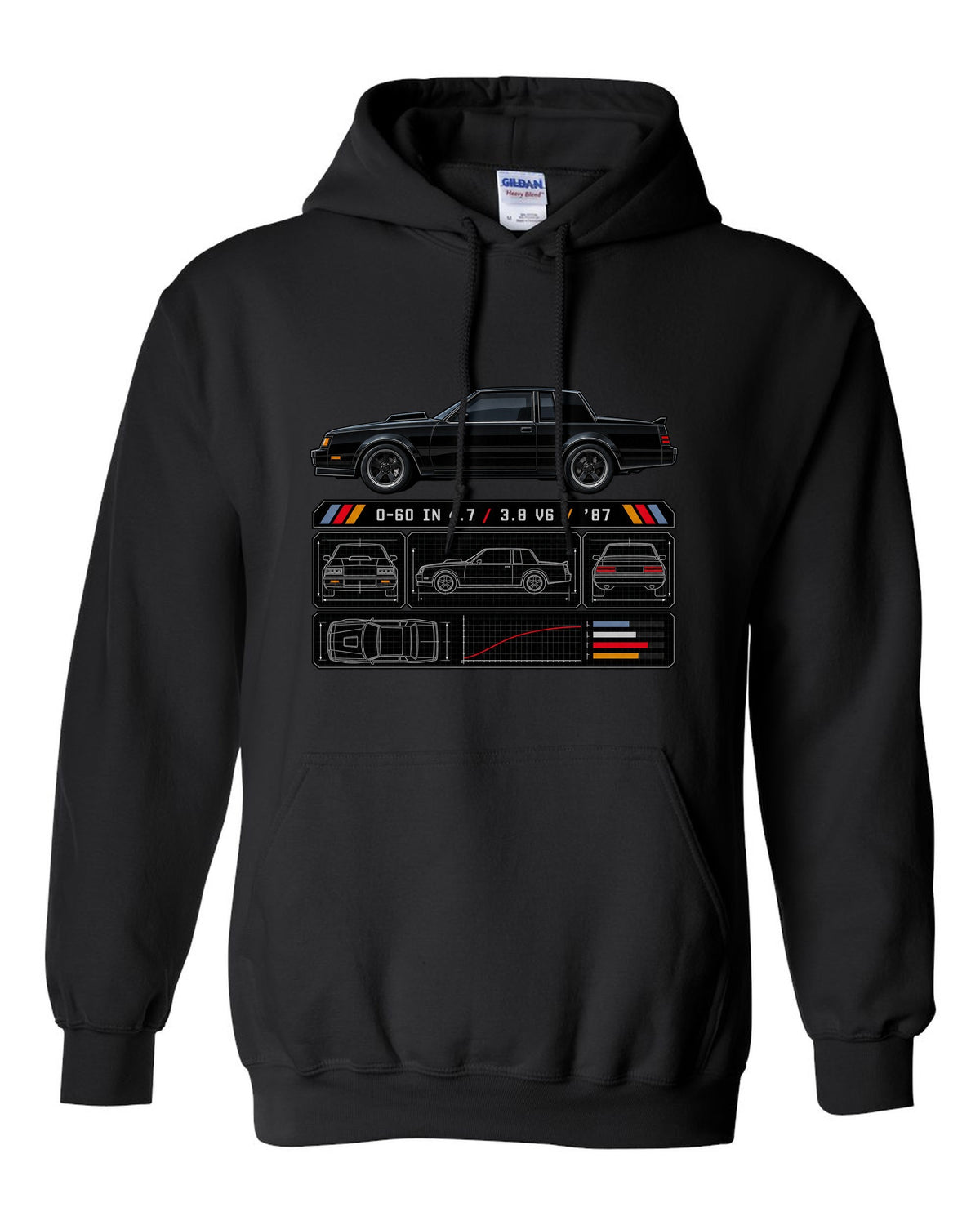 Spec-sheet print for a 1987 Buick Grand National with the text 0-60 in 4.7, 3.8 V6, '87 black pull over hoodie front view with the design