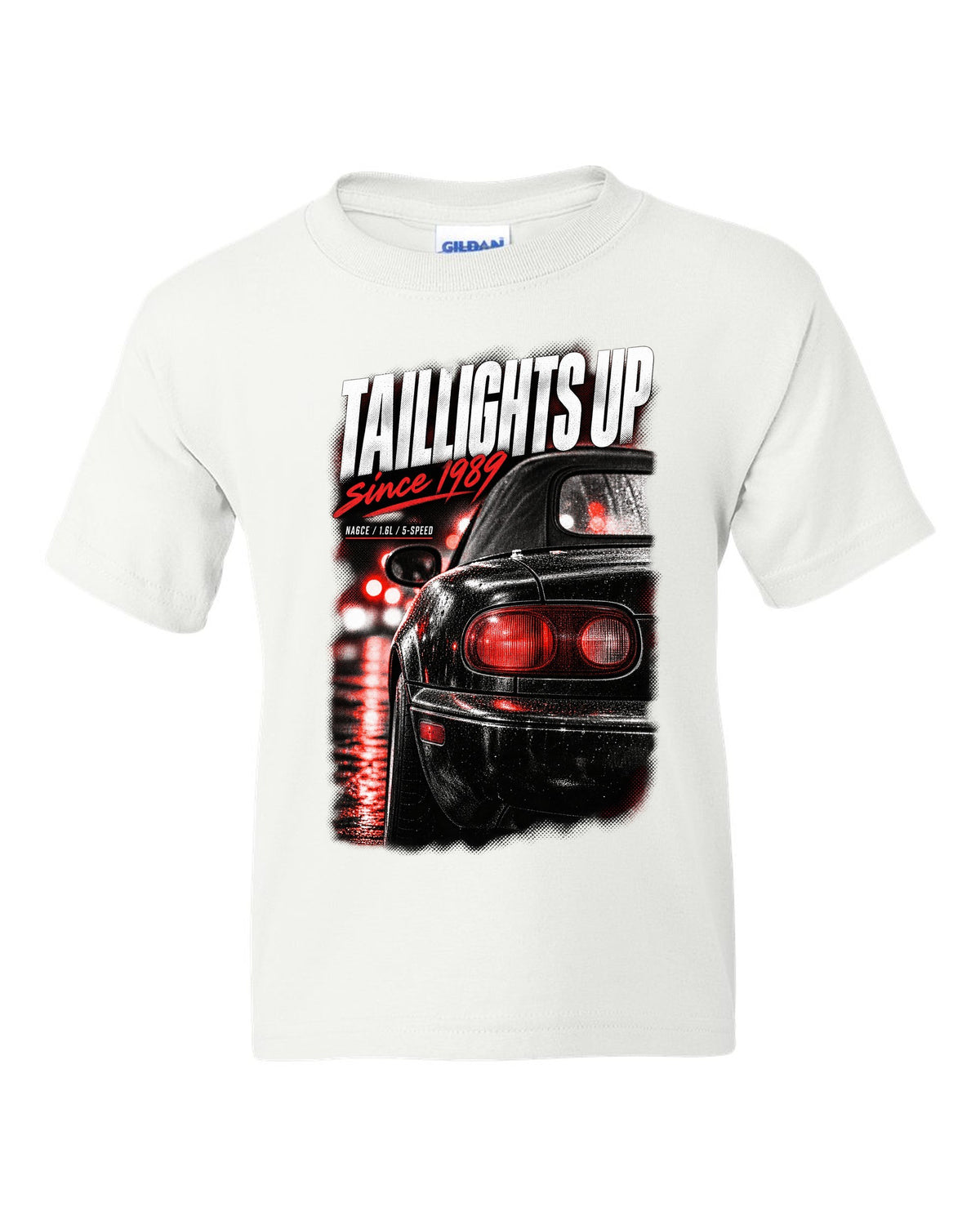 Taillight macro print for the Mazda MX-5 NA 1989-97 with NA6CE, 1.6L and 5-speed lettering white kids tee front view with the design