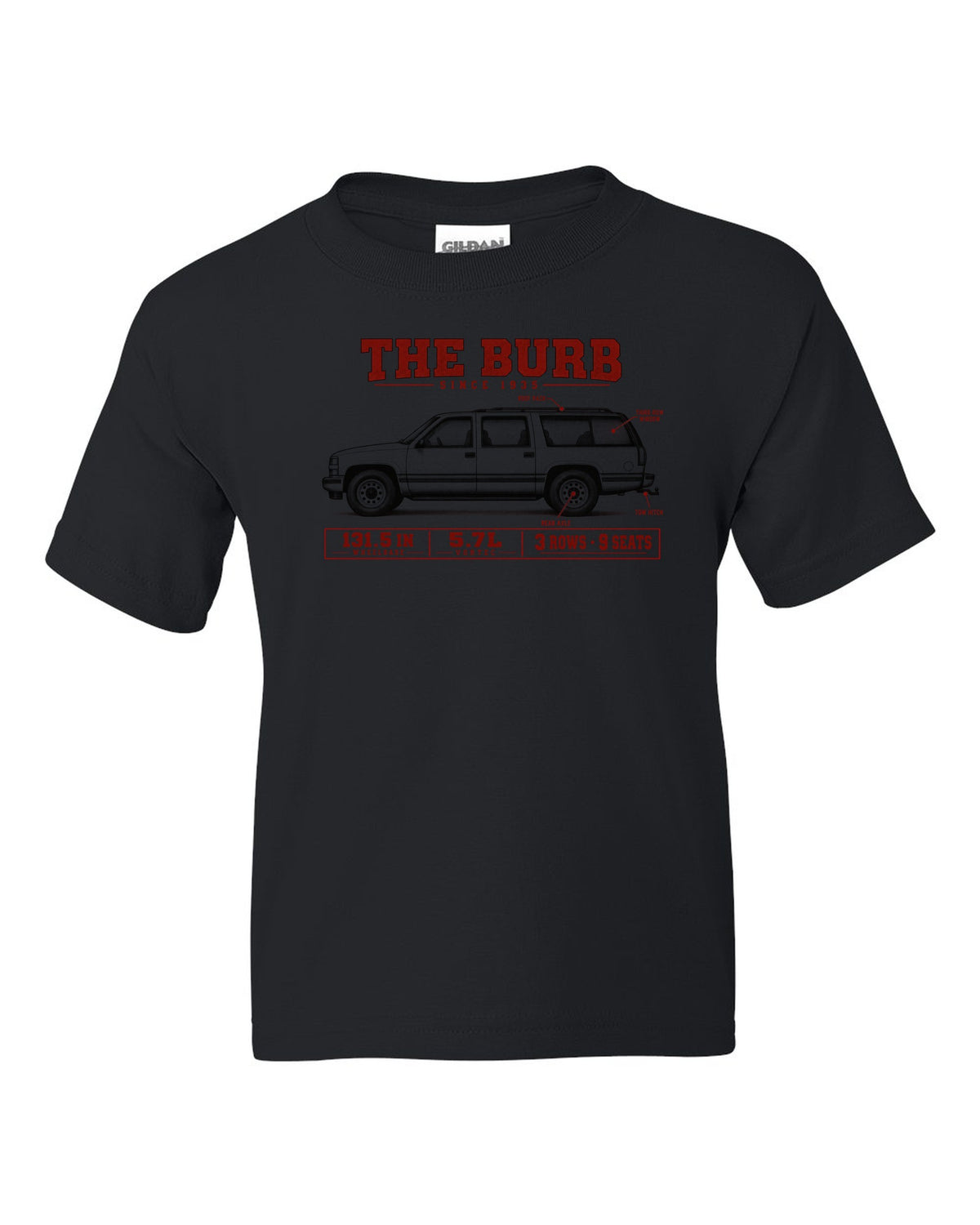 1992-99 Chevy Suburban GMT400 spec poster print black kids tee front view with the design