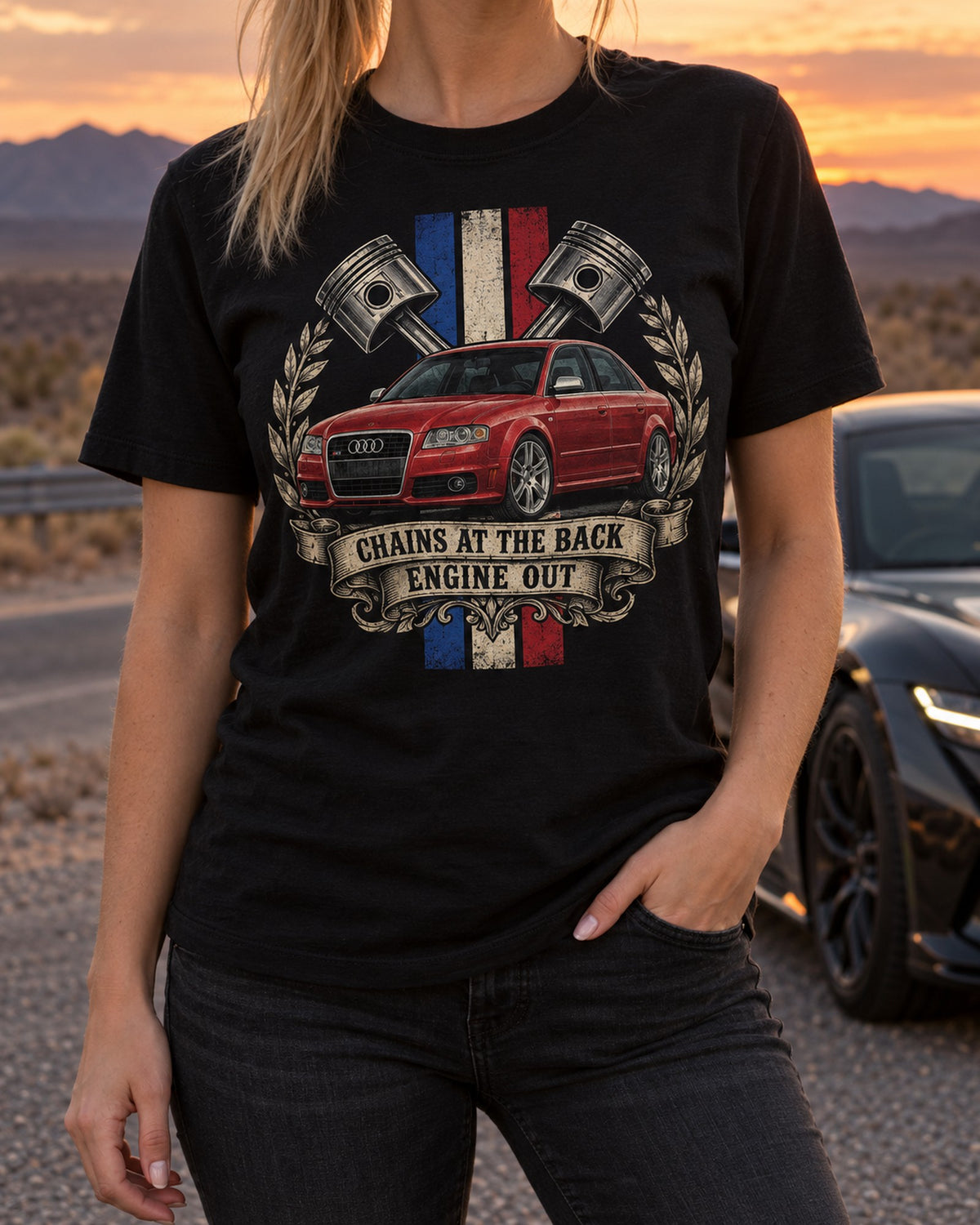 Audi S4 B7 Sleeper Sedan Varsity Seal, Engine Out Shirt T-Shirt Black worn hero