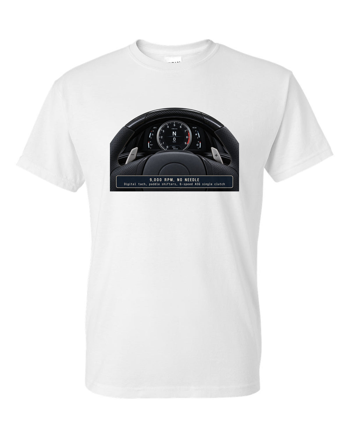 Engine hero print of the Lexus LFA 1LR-GUE 4.8 L V10 white t-shirt front view with the design