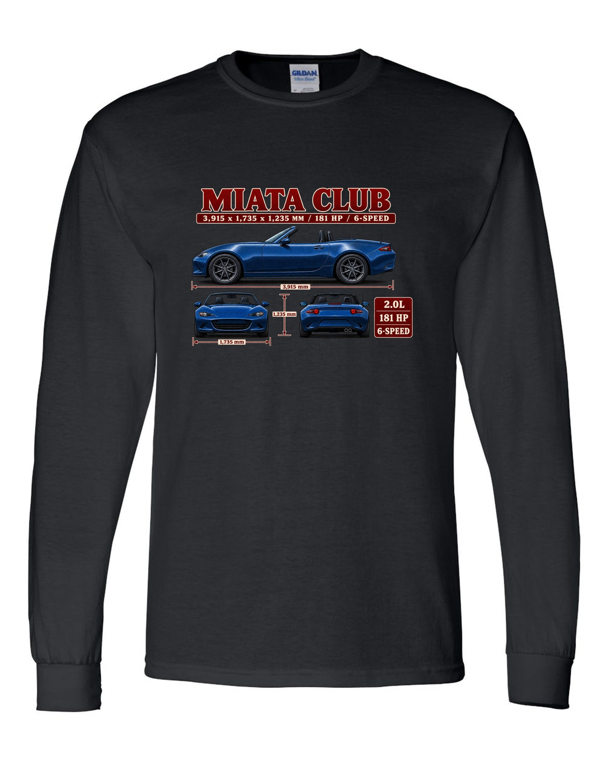 Three-view drawing and spec table of a 2019 Mazda MX-5 ND Club in Eternal Blue black long sleeve front view with the design