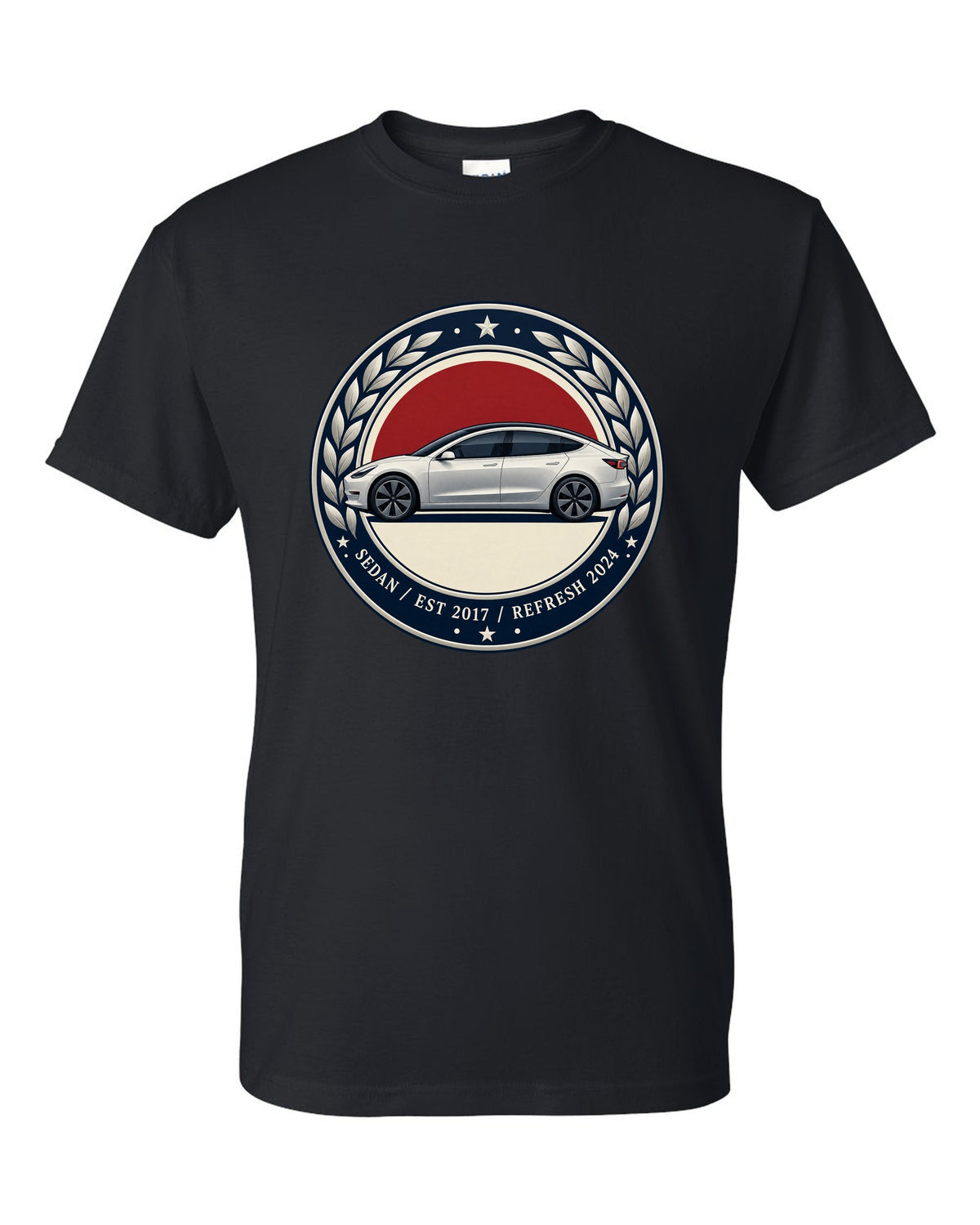 Round crest print of a Tesla Model 3 sedan reading Est 2017 and Refresh 2024 black t-shirt front view with the design