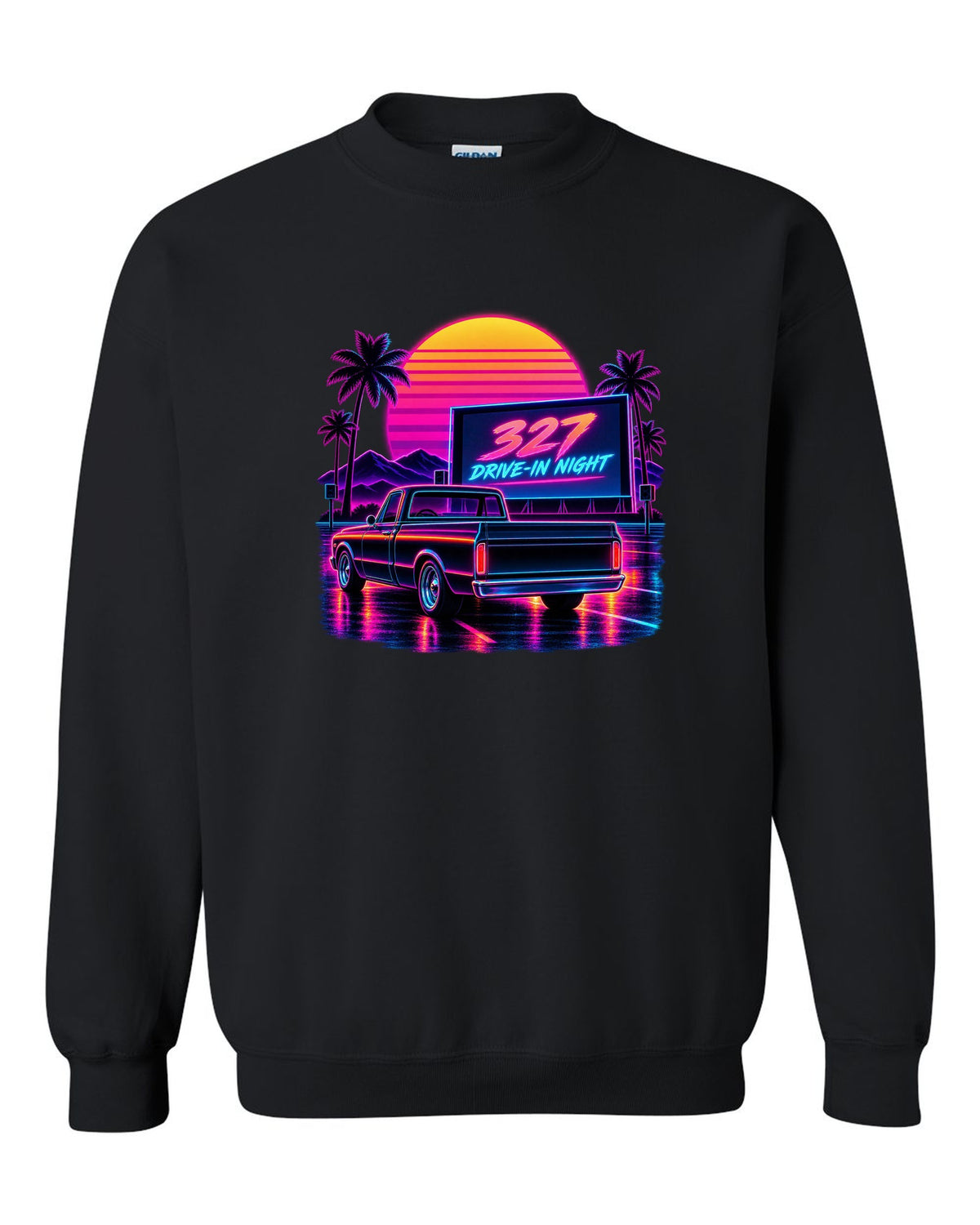 Synthwave outrun print of a 1967-72 Chevrolet C10 Action Line Fleetside at a drive-in with 327 lettering black crewneck front view with the design
