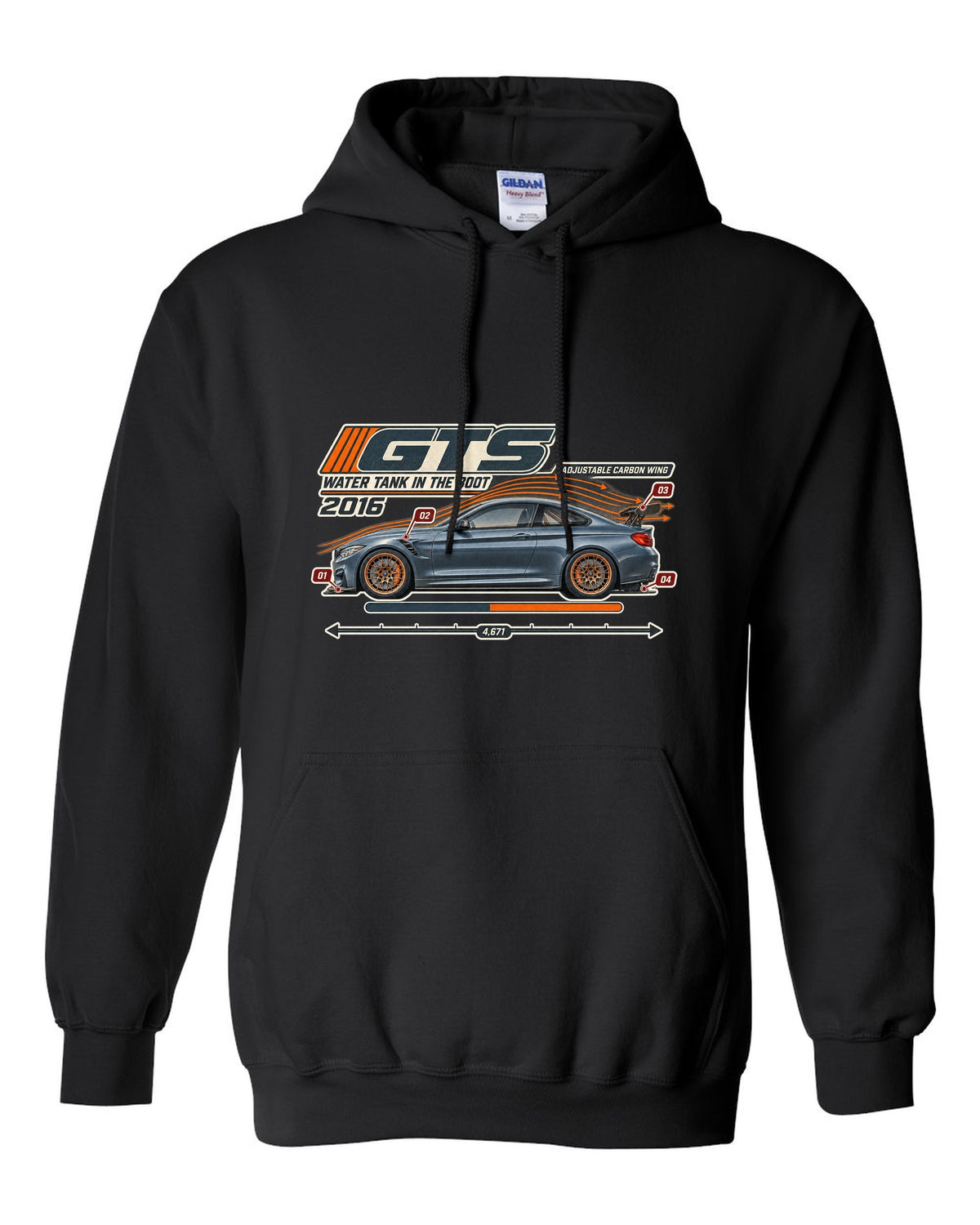 BMW M4 GTS F82 aero cutaway with callouts print black pull over hoodie front view with the design