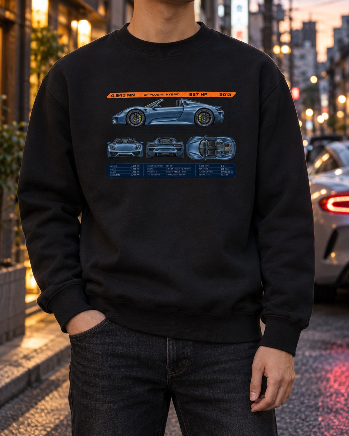Porsche 918 Spyder Dimension Blueprint Tee, Hybrid Car Shirt Crewneck Black worn hero
