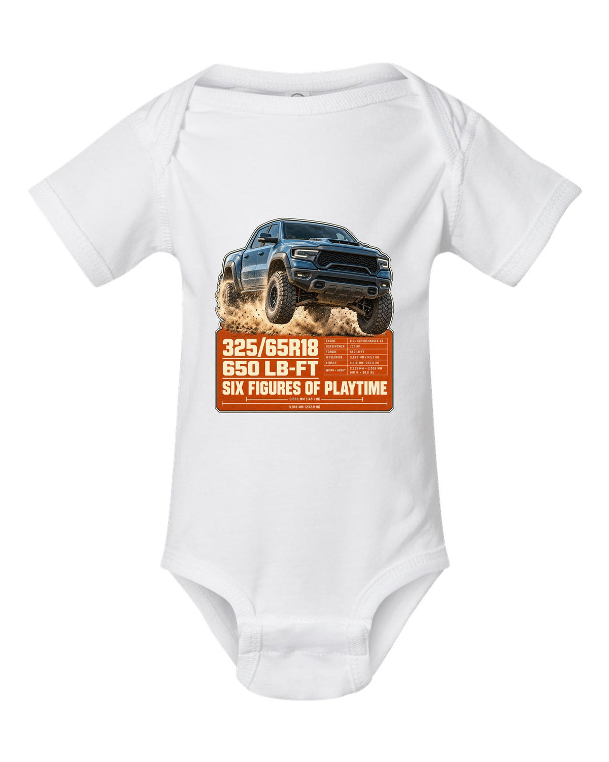 Ram 1500 TRX spec poster with tyre size and torque print white baby onesie front view with the design