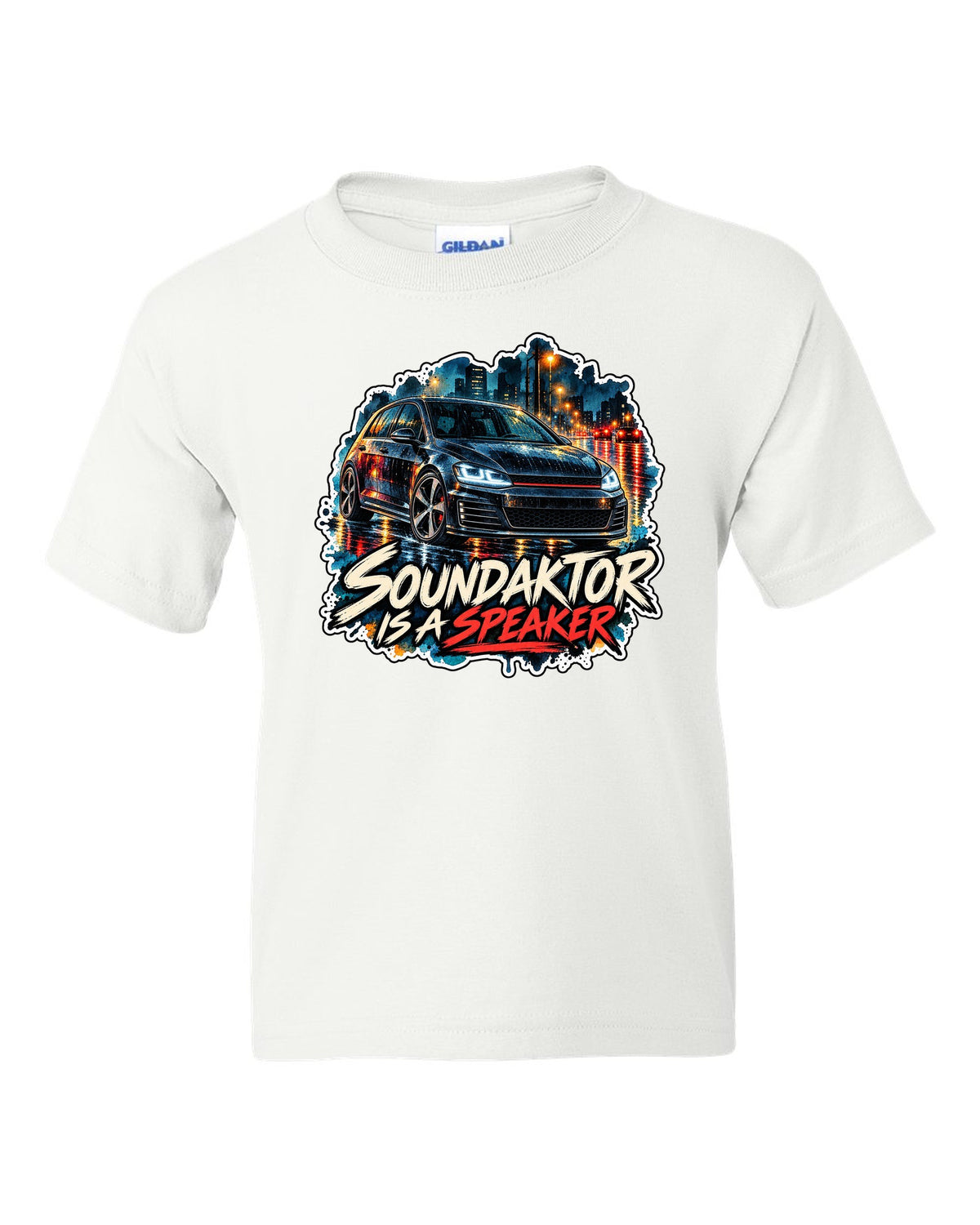 Watercolour wet-road night scene of a VW Golf Mk7 GTI with Soundaktor is a speaker text white kids tee front view with the design