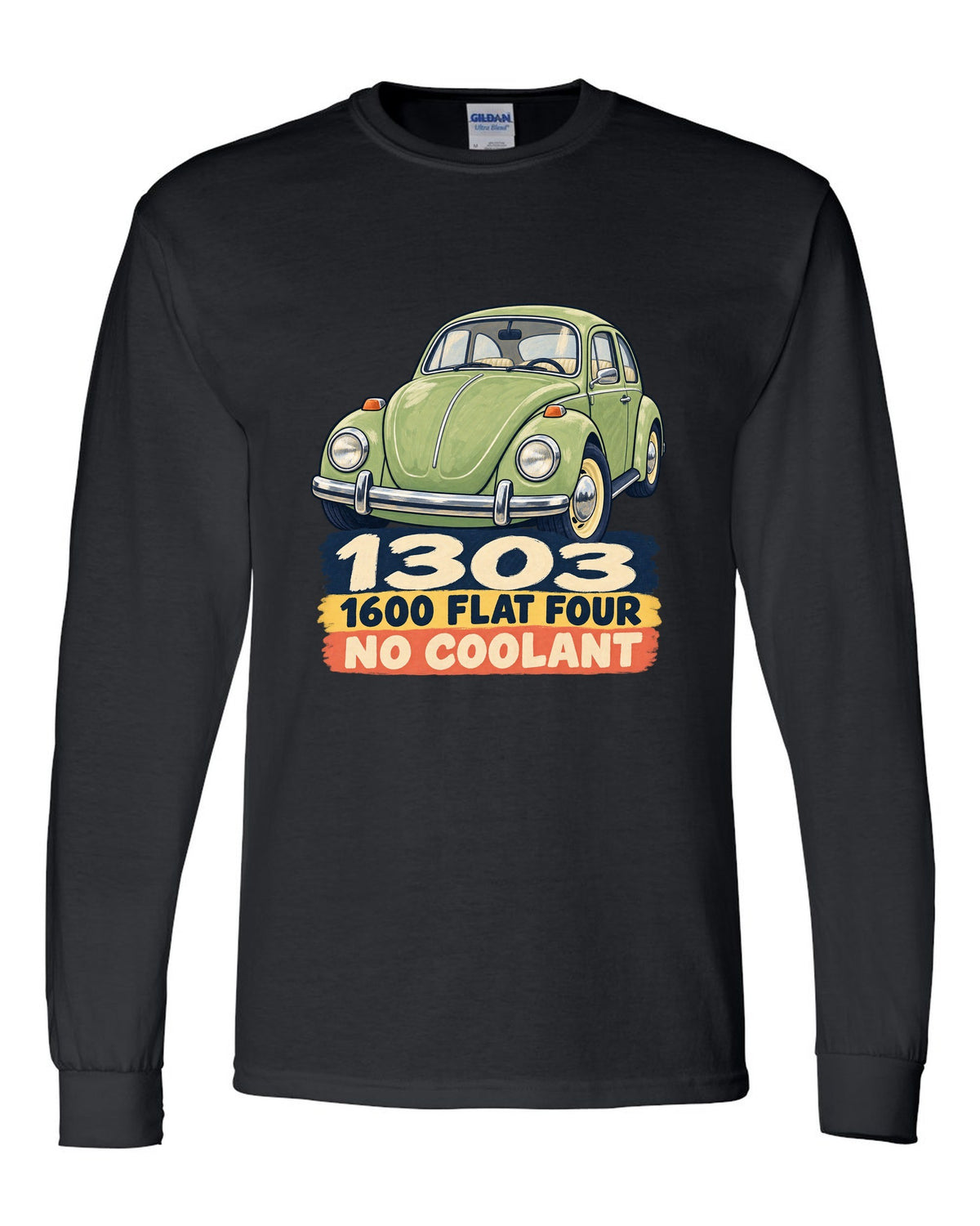 Gouache-style painted flat colour print of a VW Beetle Type 1 1303 with 1600 flat four lettering black long sleeve front view with the design