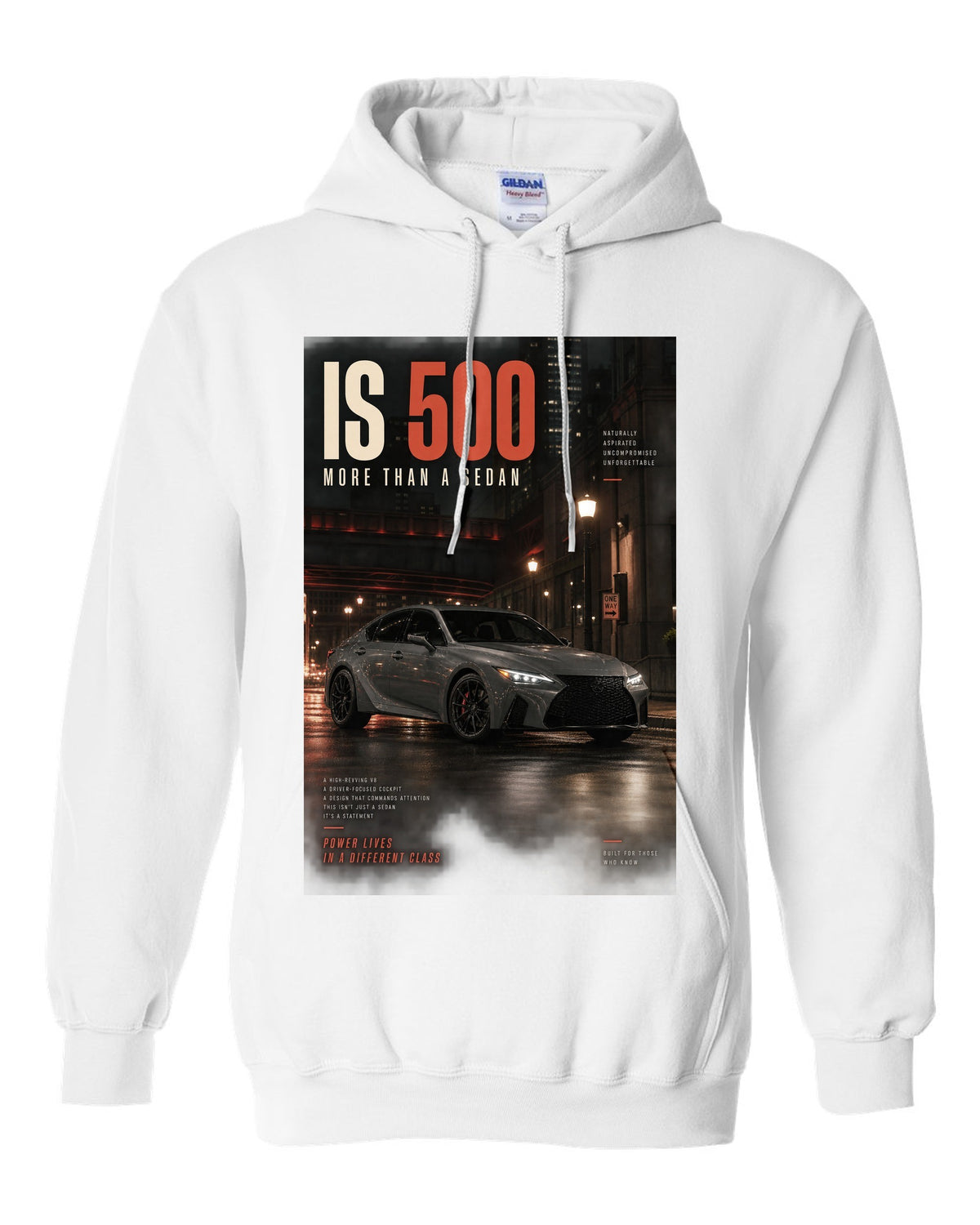 Halftone print of the Lexus IS 500 with 5.0 V8 text white pull over hoodie front view with the design