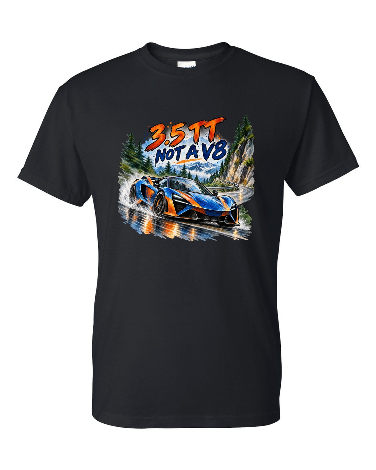 Ford GT 2017-2022 on a hairpin in a watercolour wash print black t-shirt front view with the design
