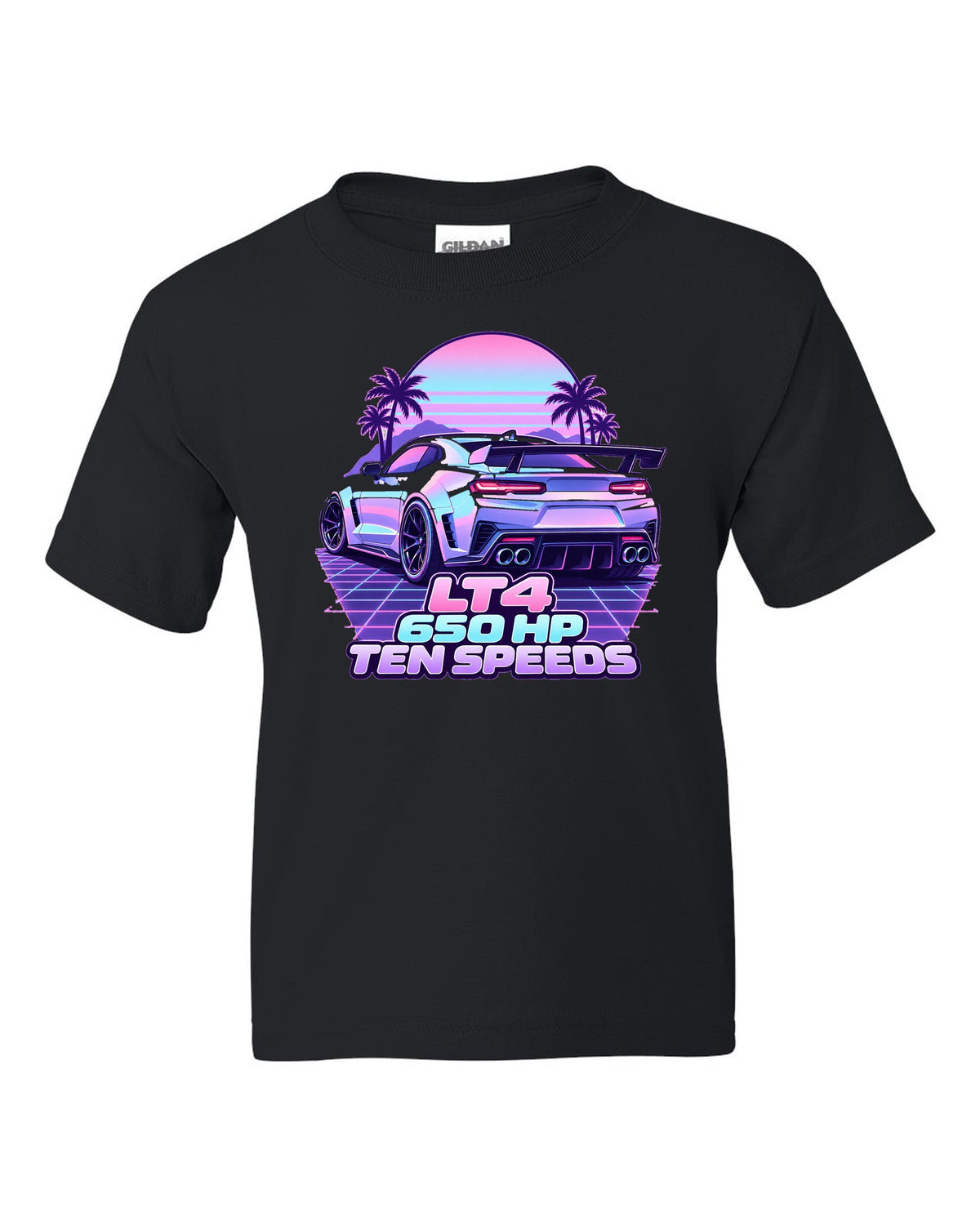 2019 Chevrolet Camaro ZL1 LT4 vaporwave pastel print with 650 HP text black kids tee front view with the design