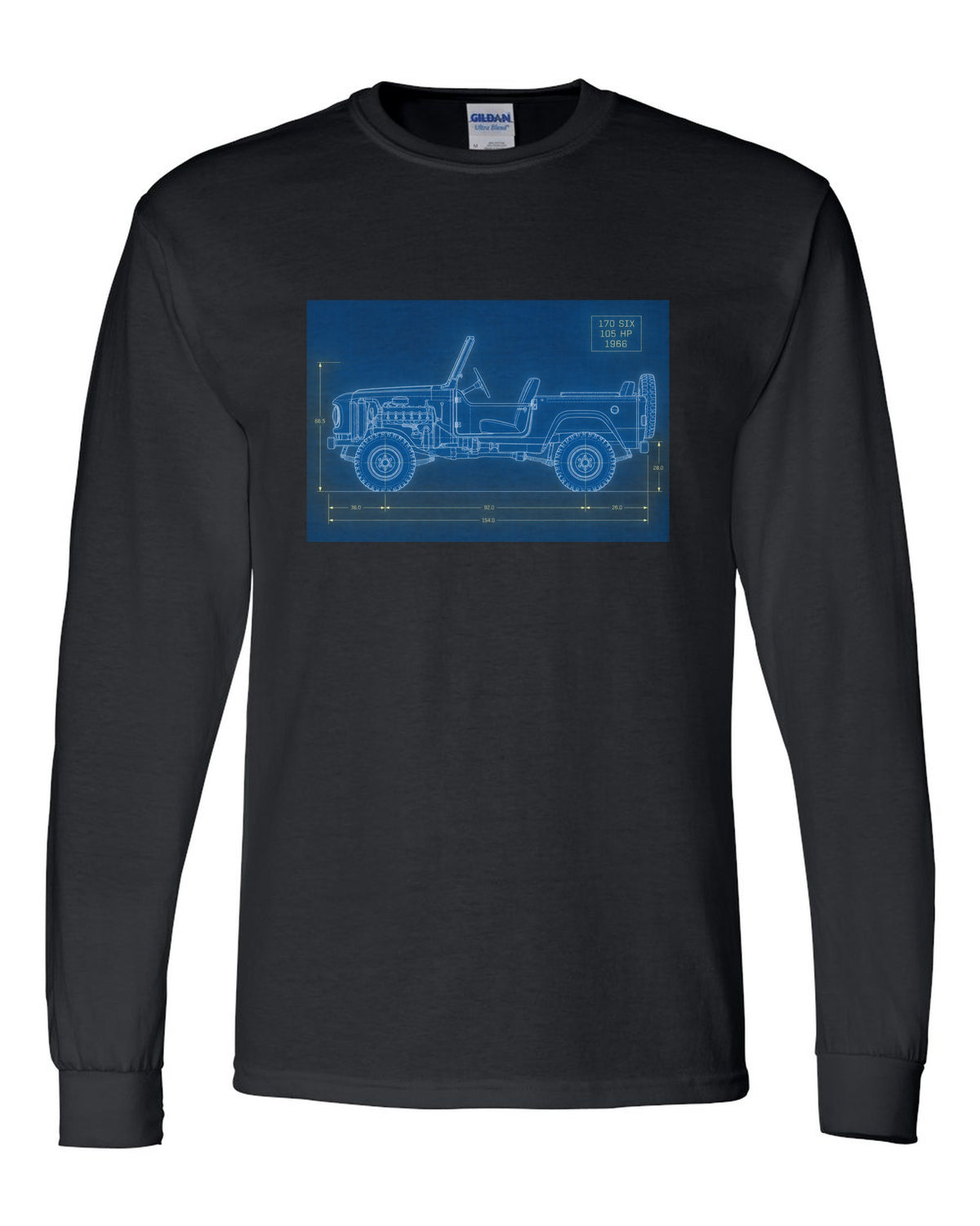 Blueprint-style line art of a 1966 Ford Bronco U13 roadster at a trailhead with 170 SIX 105 HP notes black long sleeve front view with the design