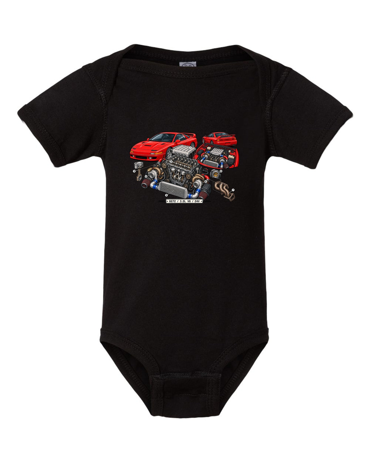 Exploded engine cutaway print of the 6G72 V6 for the Mitsubishi 3000GT VR-4 with 3.0L 24V text black baby onesie front view with the design