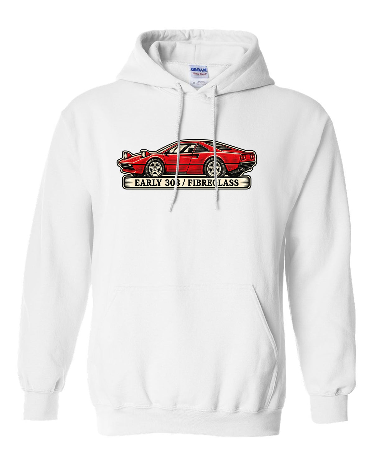 Linocut woodcut style print of an early 1975 Ferrari 308 GTB with the text early 308 fibreglass white pull over hoodie front view with the design