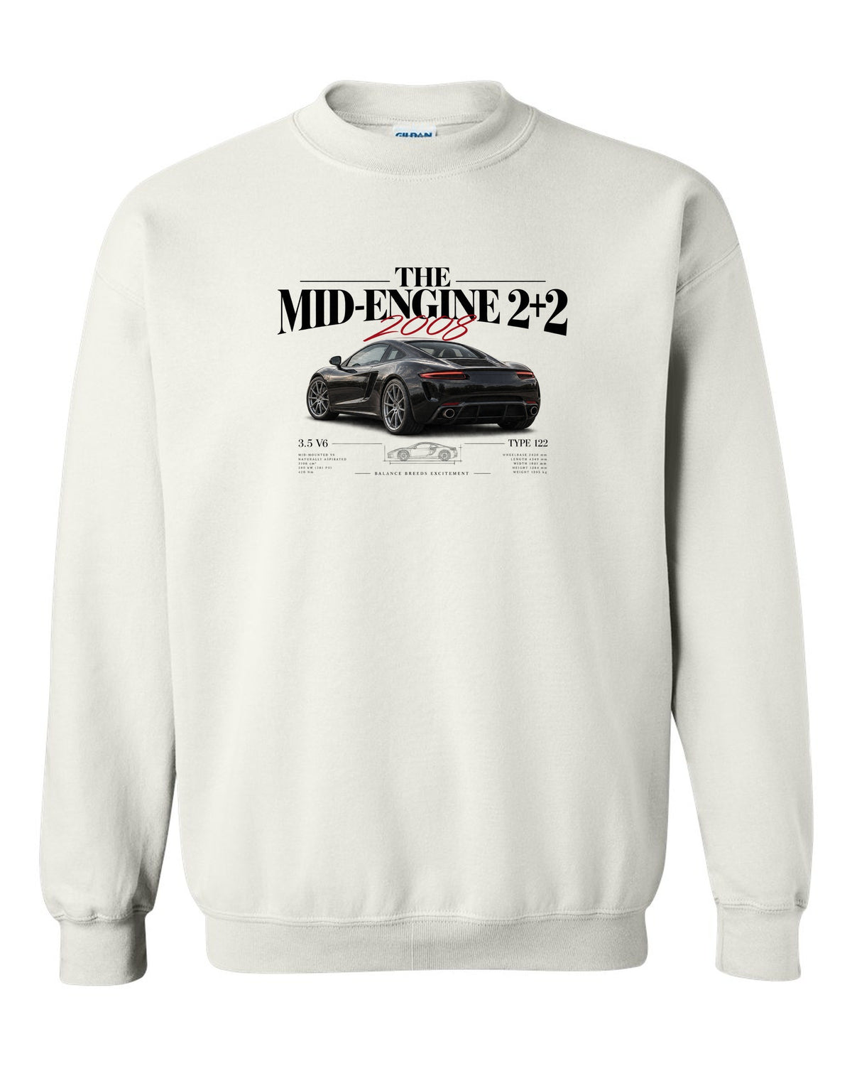 Editorial headline print of a 2008 Lotus Evora Type 122 about the mid-engine 2+2 white crewneck front view with the design