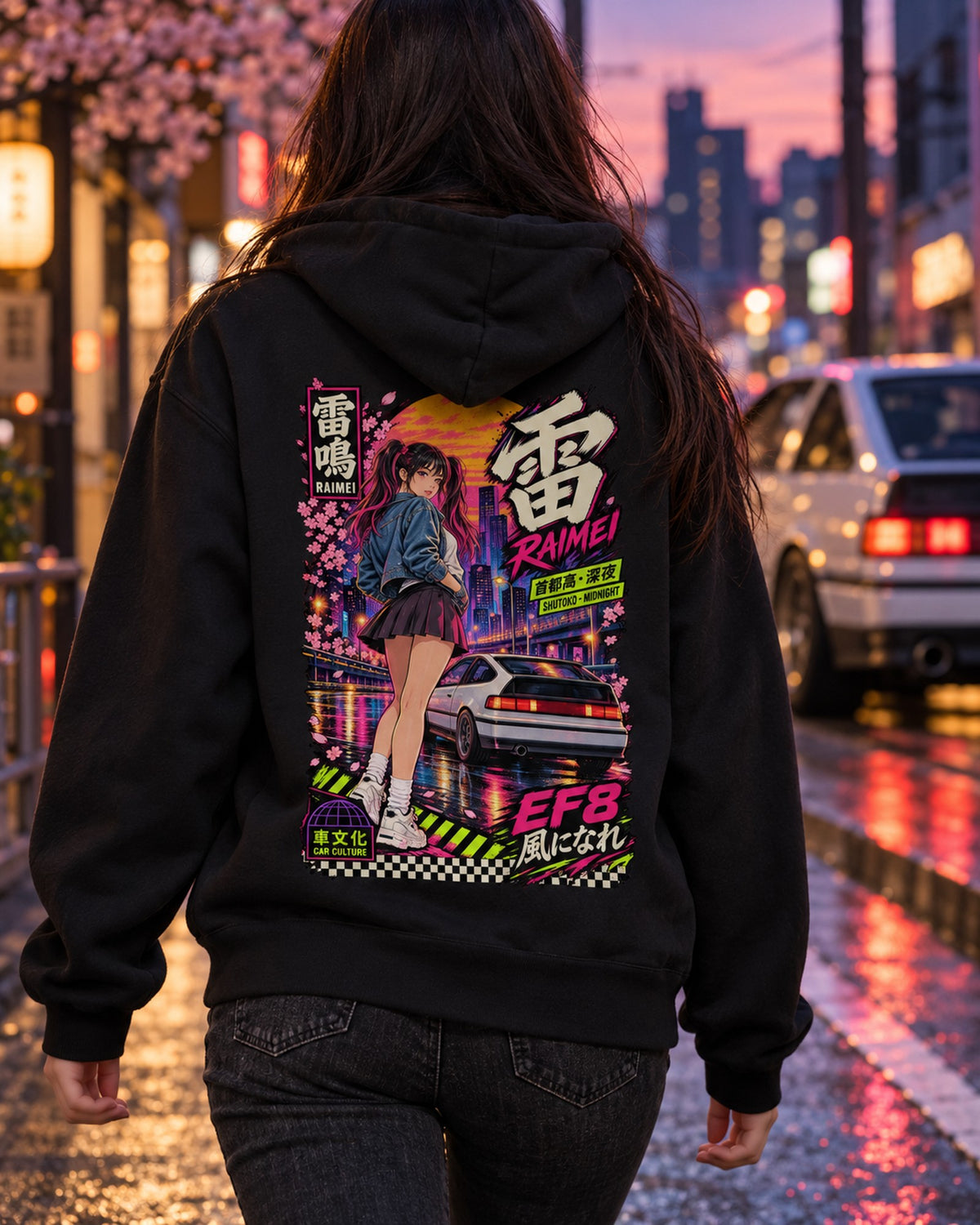 RAIMEI EF8 Anime Girl Full-Back Graphic Tee Pull Over Hoodie Black worn hero