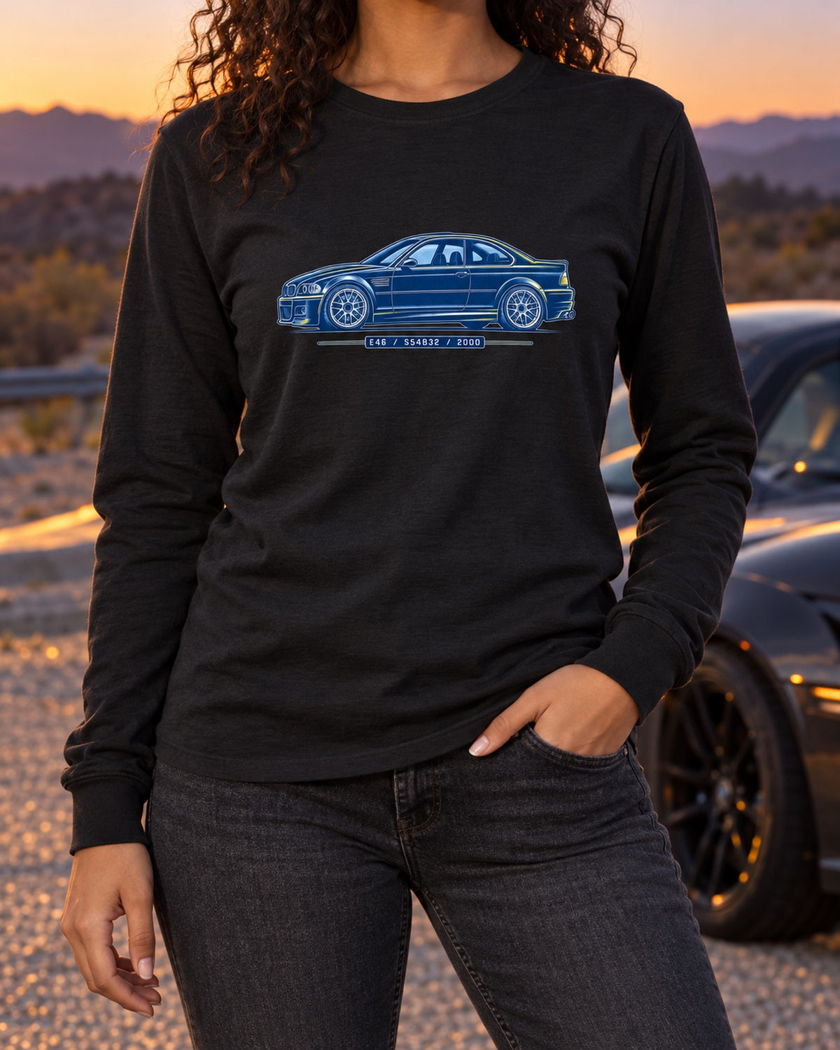 BMW E46 M3 S54 Cyanotype Blueprint Shirt, Car Guy Gift Long Sleeve Black worn hero