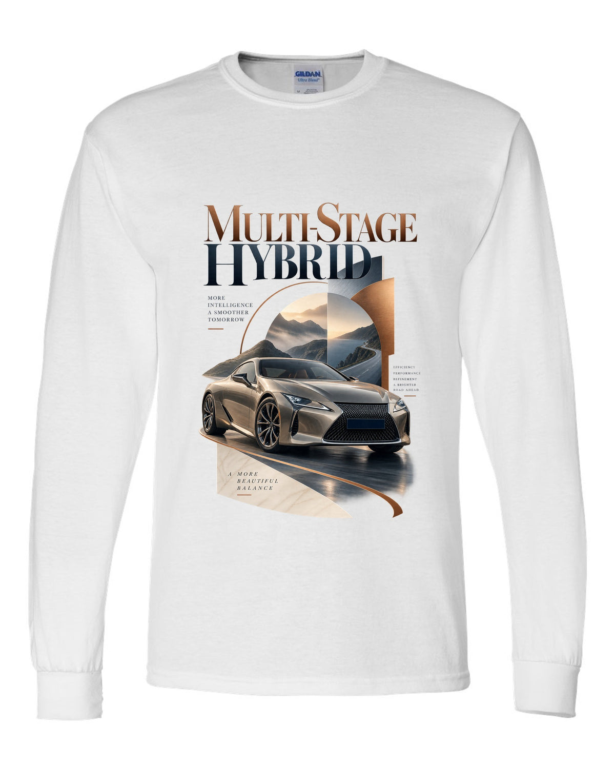 Editorial headline layout for the Lexus LC 500h hybrid white long sleeve front view with the design