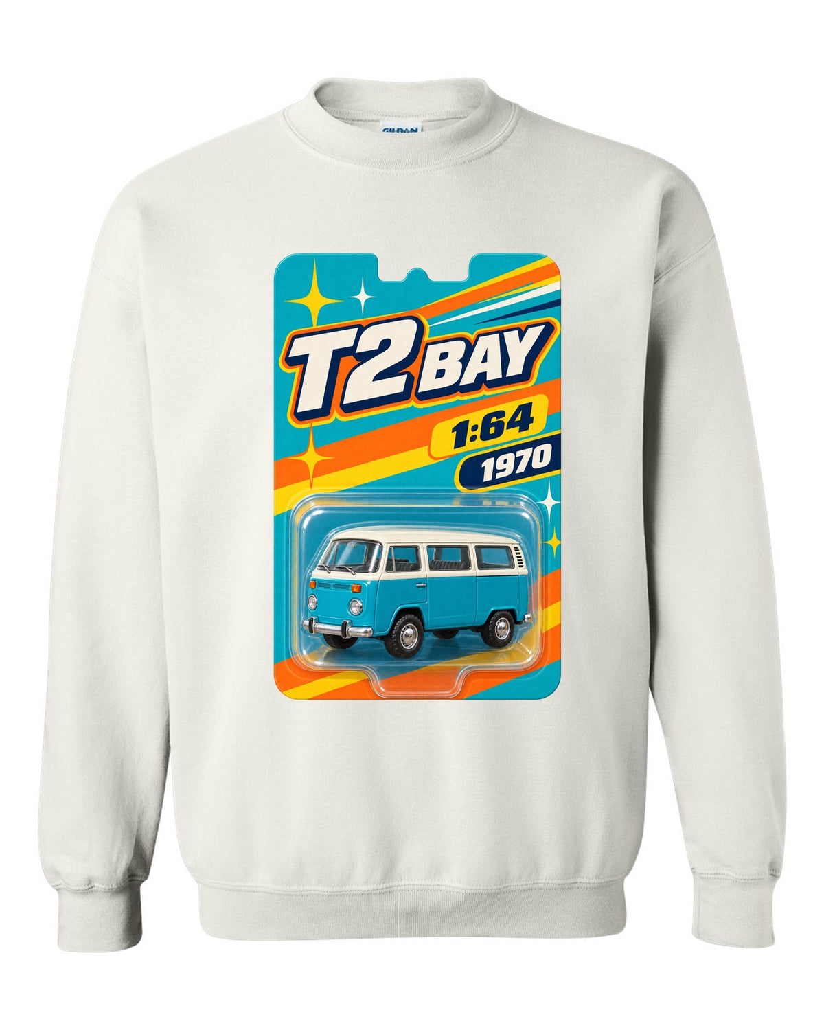 Toy-card blister pack style print of a 1970 VW Bus T2 bay window at 1:64 white crewneck front view with the design