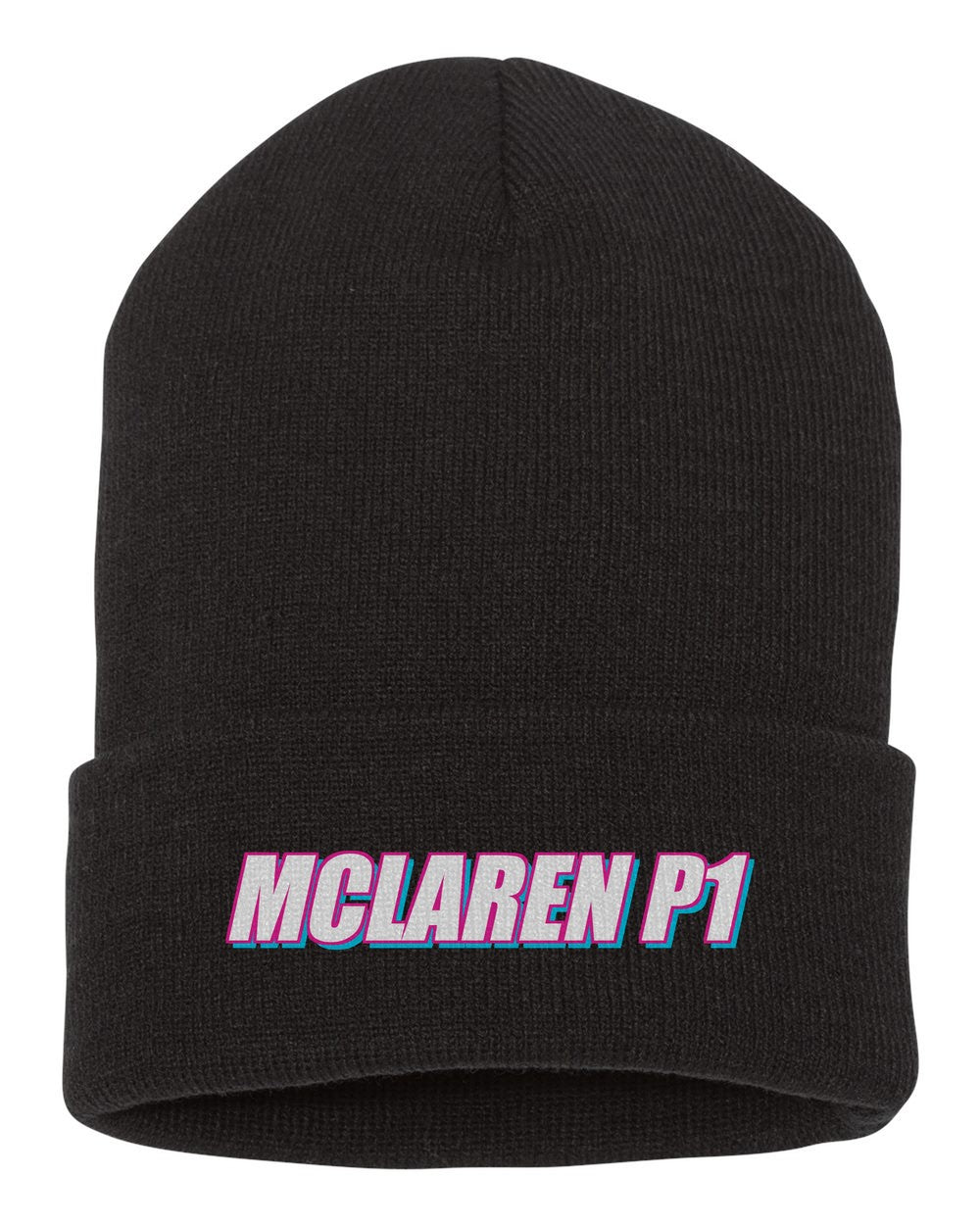 Mclaren P1 black beanie front view with car name