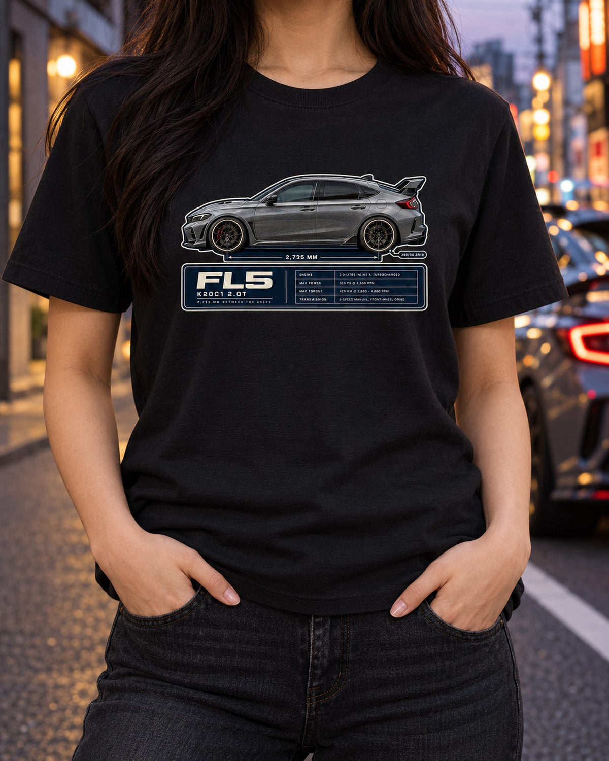 Honda Civic Type R FL5 Wheelbase Blueprint Shirt, Car Gift T-Shirt Black worn hero