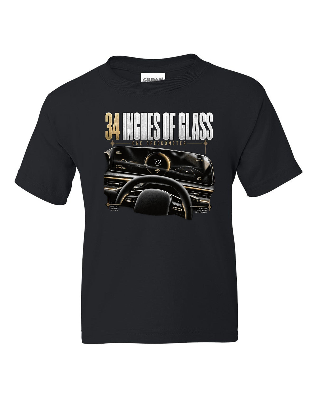 Lucid Air 2022 glass cockpit readout reading 34 inches of glass, one speedometer black kids tee front view with the design