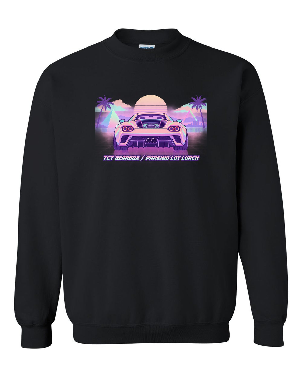 Vaporwave pastel illustration of an Alfa Romeo 4C with TCT gearbox parking lot lurch text black crewneck front view with the design