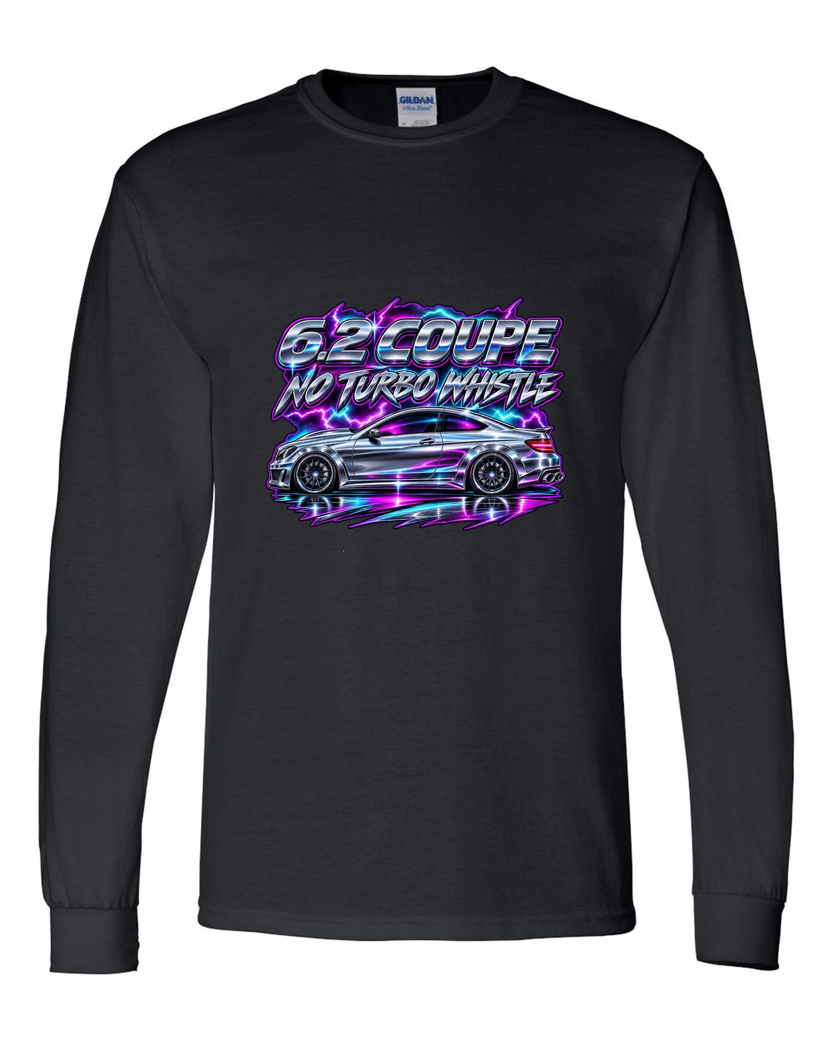 80s chrome airbrush print of a Mercedes C63 Coupe C204 black long sleeve front view with the design