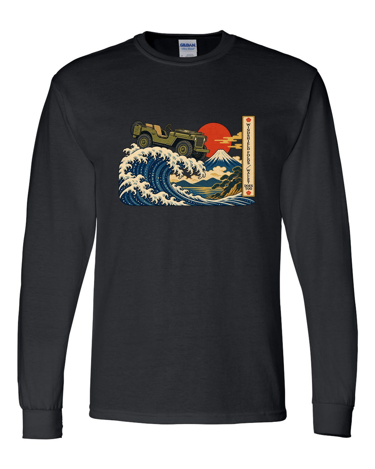 Ukiyo-e woodblock great wave print of a Willys MB with windshield joke text black long sleeve front view with the design