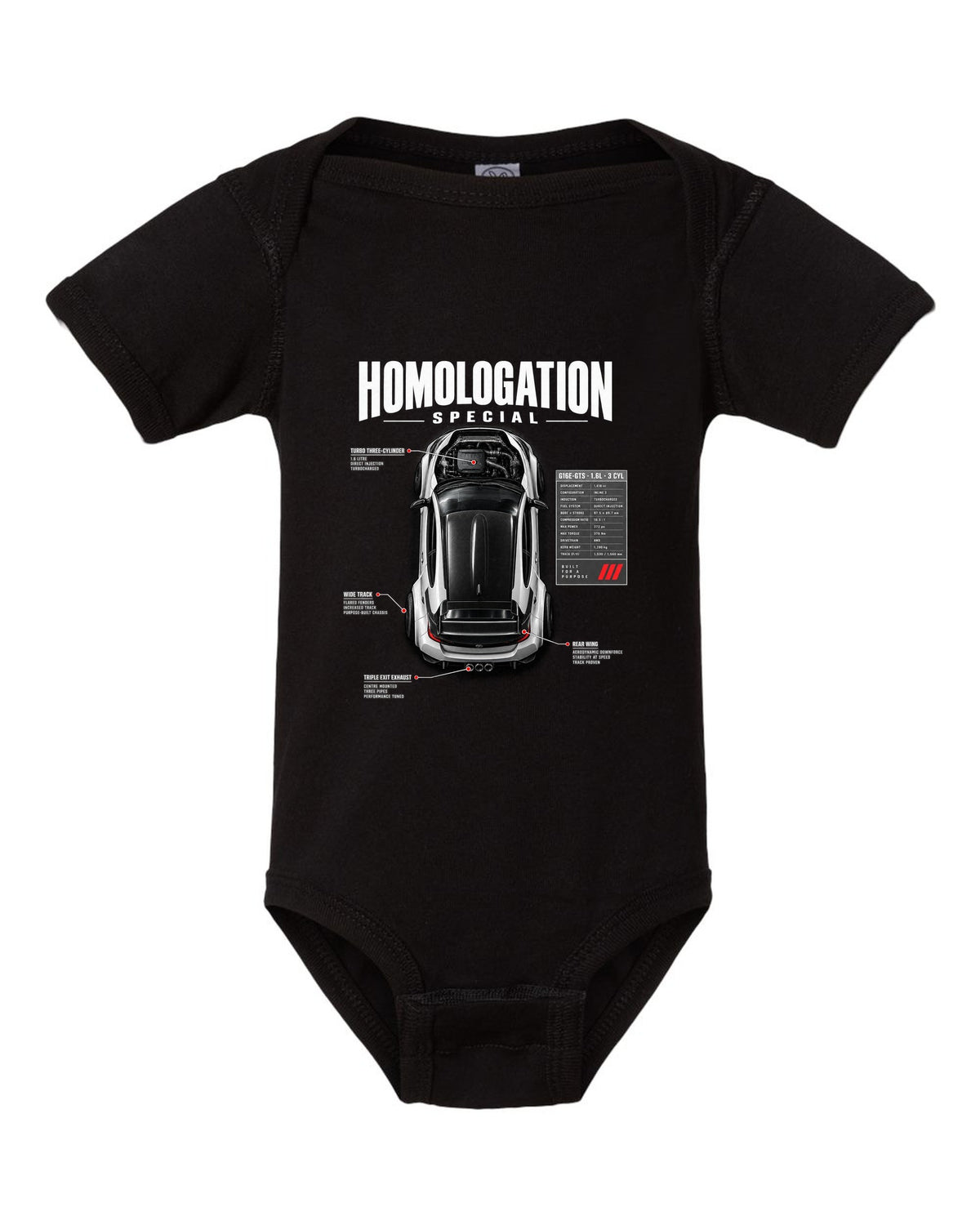 Spec poster style print of a Toyota GR Yaris with G16E-GTS 1.6L 3 cylinder text black baby onesie front view with the design