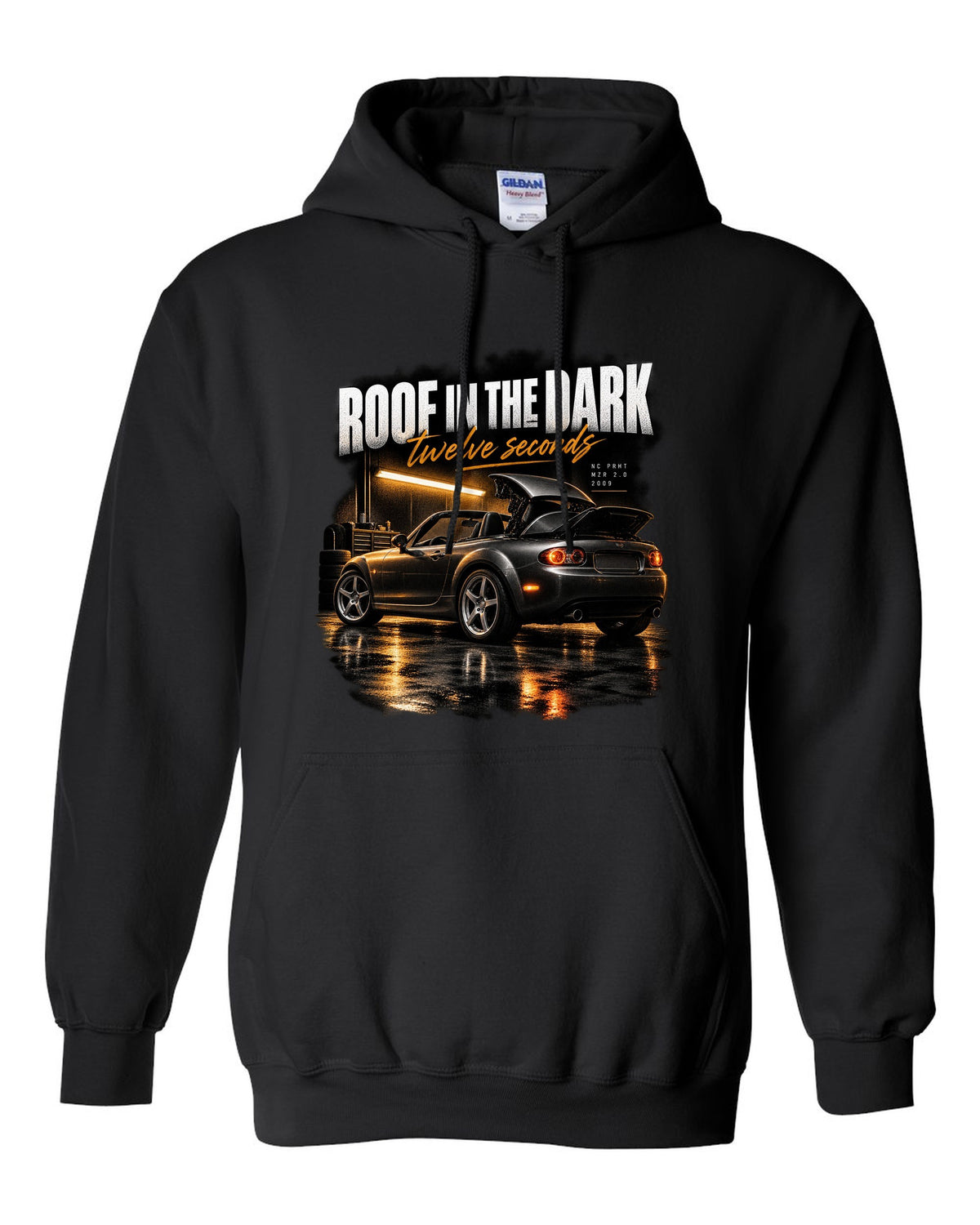 Garage night print of a Mazda MX-5 NC PRHT with the roof folding black pull over hoodie front view with the design