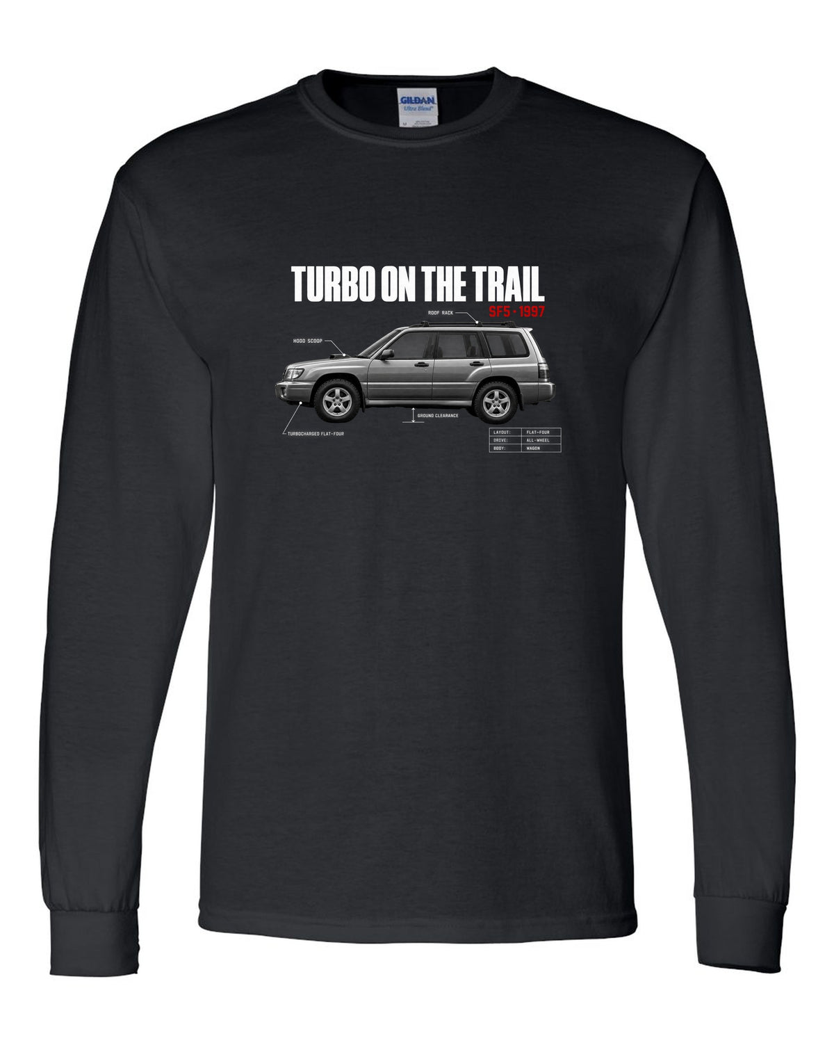 Spec poster print for the Subaru Forester SF5 reading Turbo on the Trail with hood scoop and roof rack details black long sleeve front view with the design