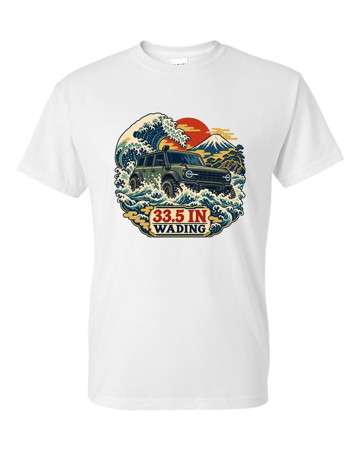 Ford Bronco 6G four-door with snorkel wading a wave in an ukiyo-e print white t-shirt front view with the design