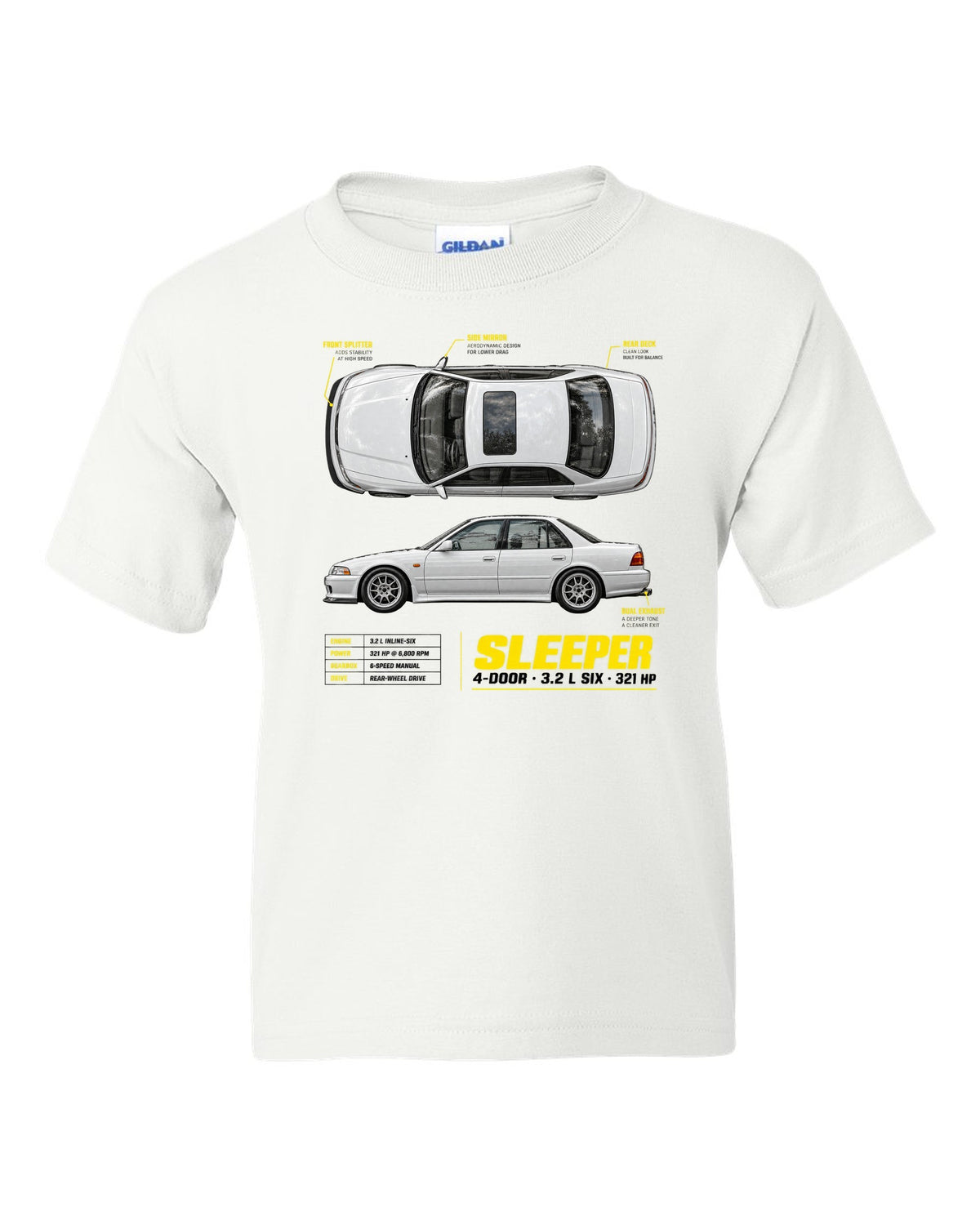 BMW E36 M3 sedan spec poster print with sleeper 4-door 3.2 L six and 321 HP text white kids tee front view with the design