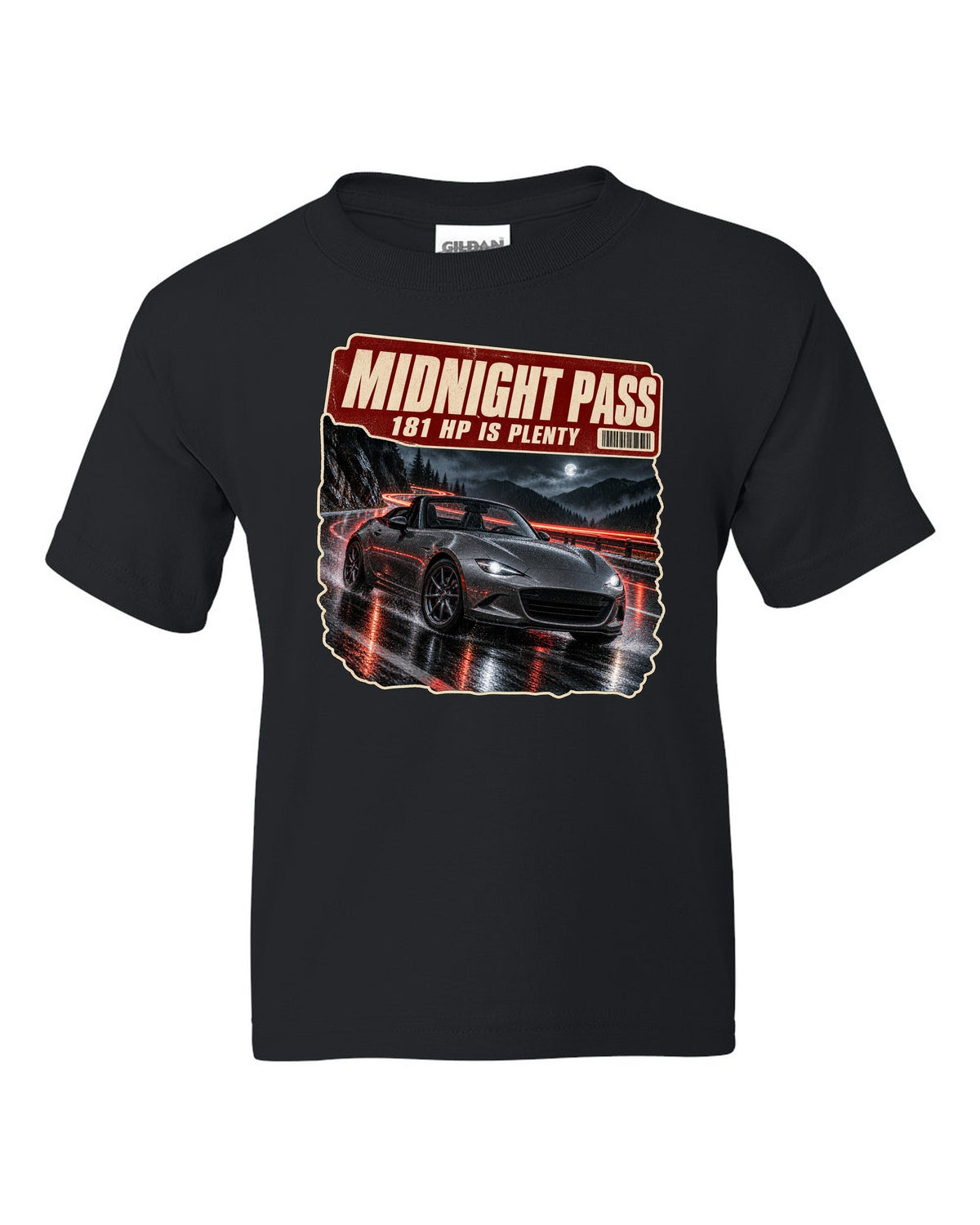 Night mountain pass scene with a 2020 Mazda MX-5 ND RF in Polymetal Grey, poster-style print black kids tee front view with the design