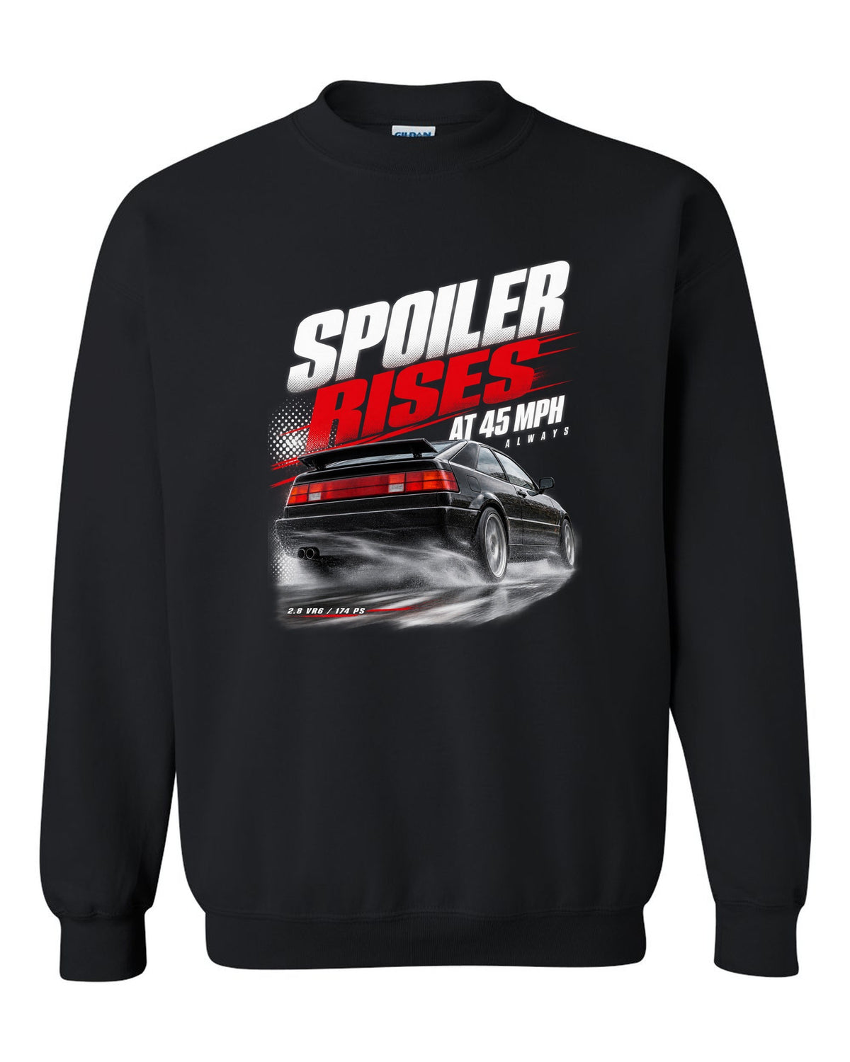 Race poster print of a VW Corrado VR6 rear three-quarter with spoiler rises at 45 mph text black crewneck front view with the design