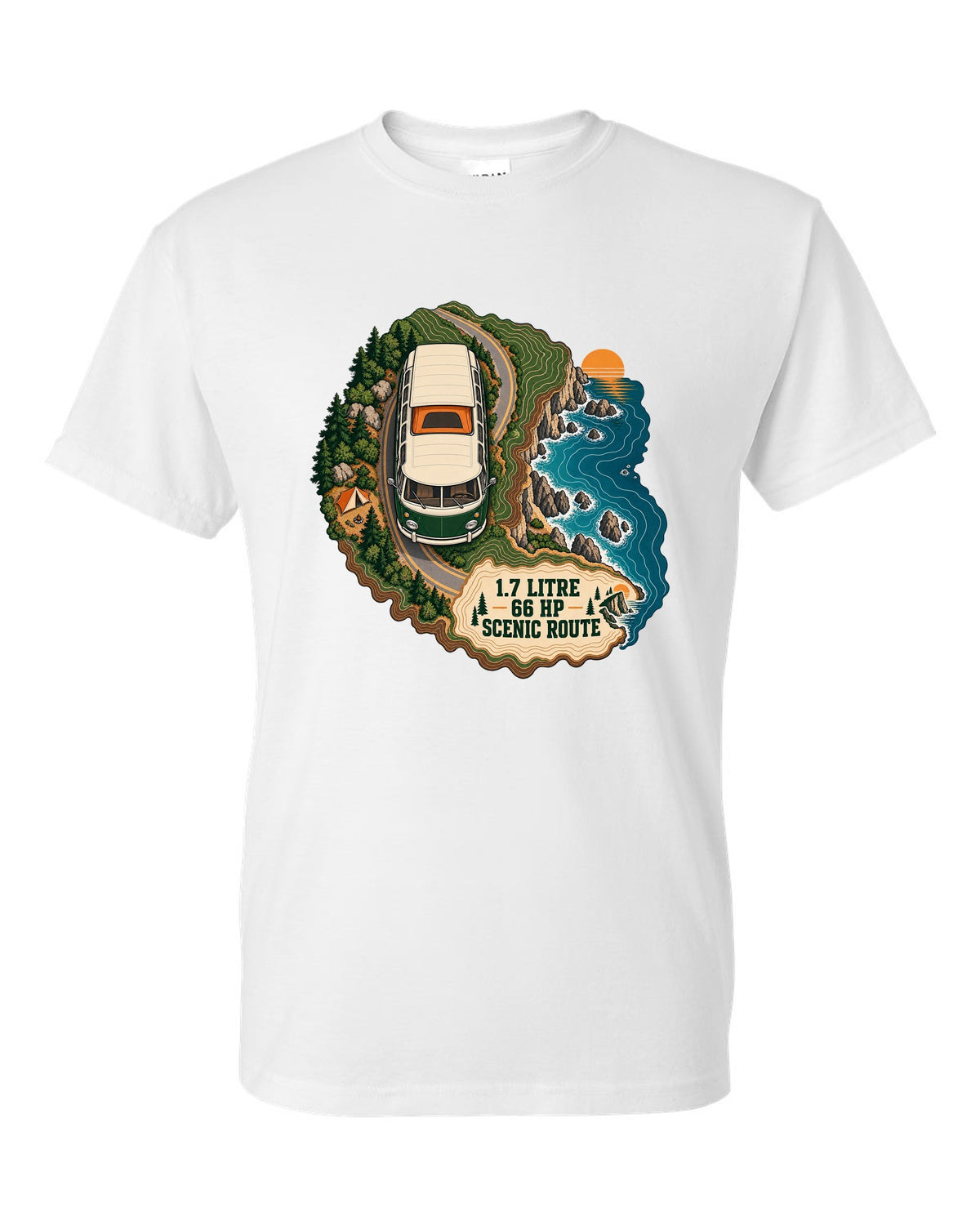 Topographic route map print of a 1972 VW Bus T2 bay window with scenic route lettering white t-shirt front view with the design