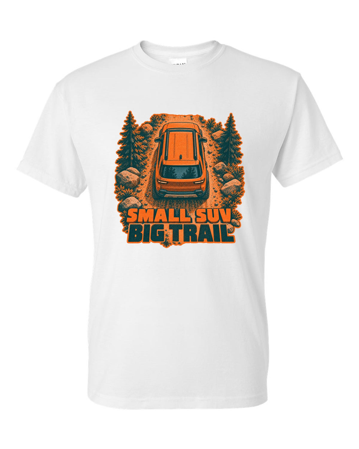 Rivian R2 overhead risograph duotone print with the text small SUV big trail white t-shirt front view with the design